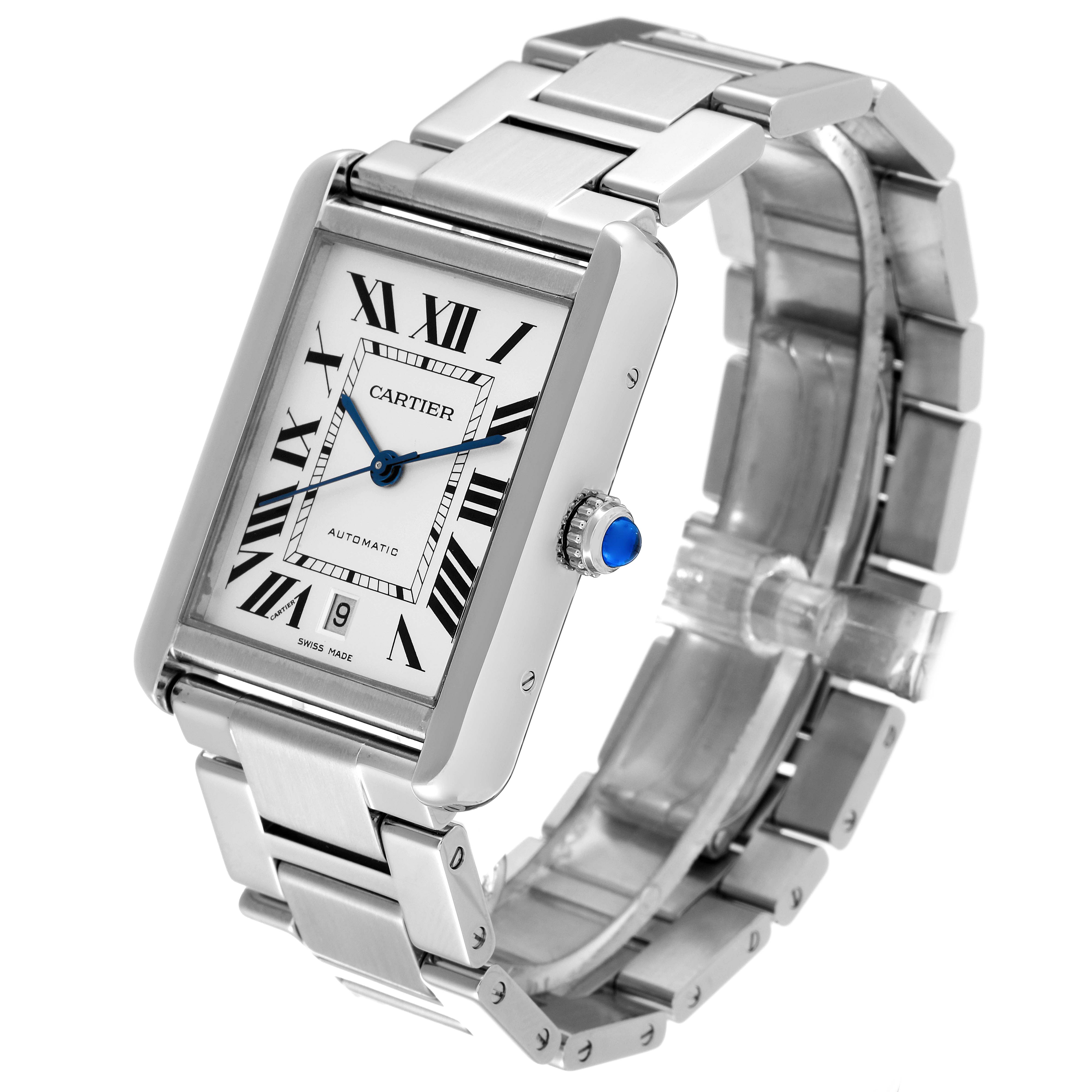 The Cartier Tank Solo W5200028 Men's Stainless Steel Silver Dial W5200028 Men's Stainless Steel Silver Dial watch is shown at a three-quarter angle, highlighting its face, bracelet, and crown.