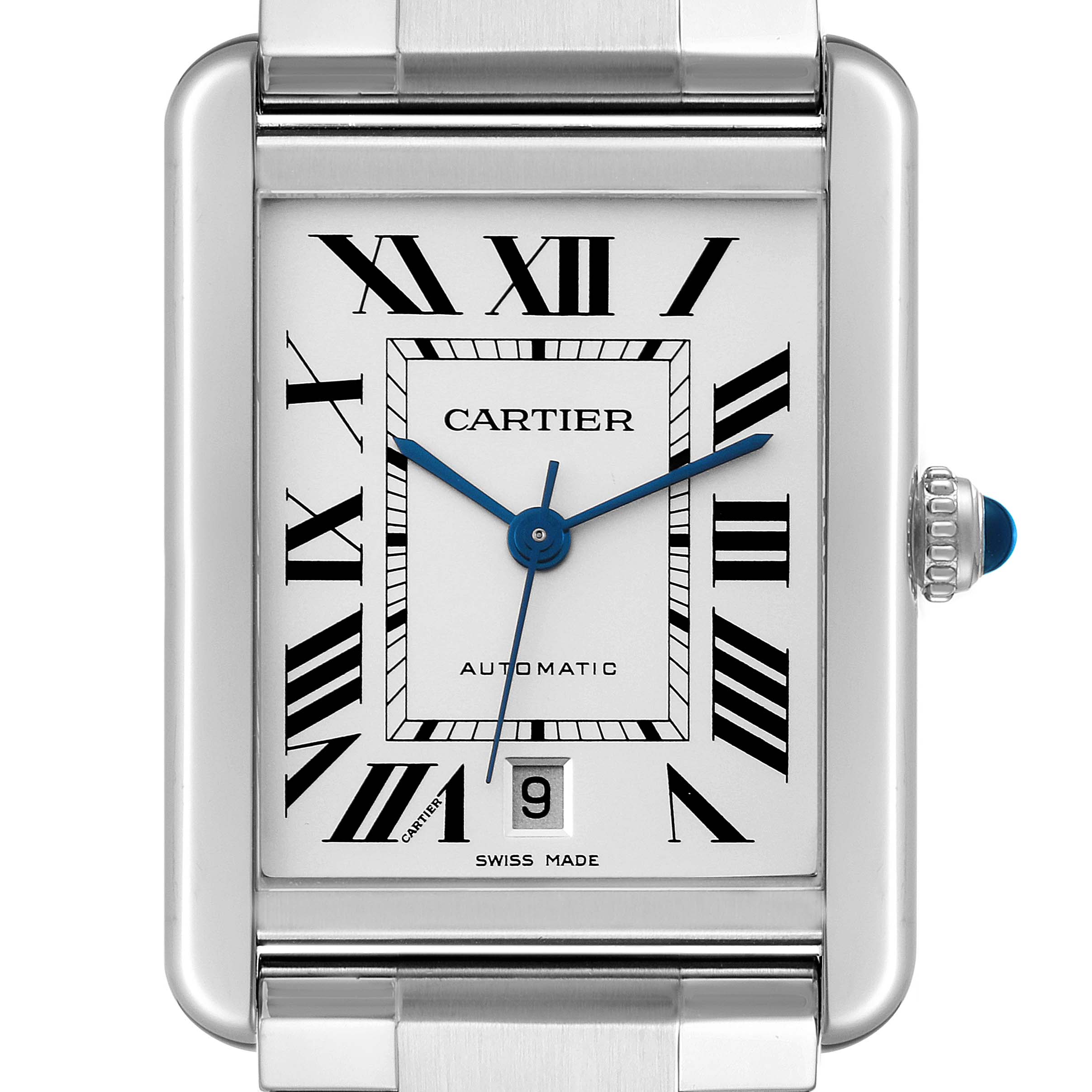The image shows a front view of the Cartier Tank Solo W5200028 Men's Stainless Steel Silver Dial W5200028 Men's Stainless Steel Silver Dial watch, highlighting the face with Roman numerals, blue hands, date window, and crown.