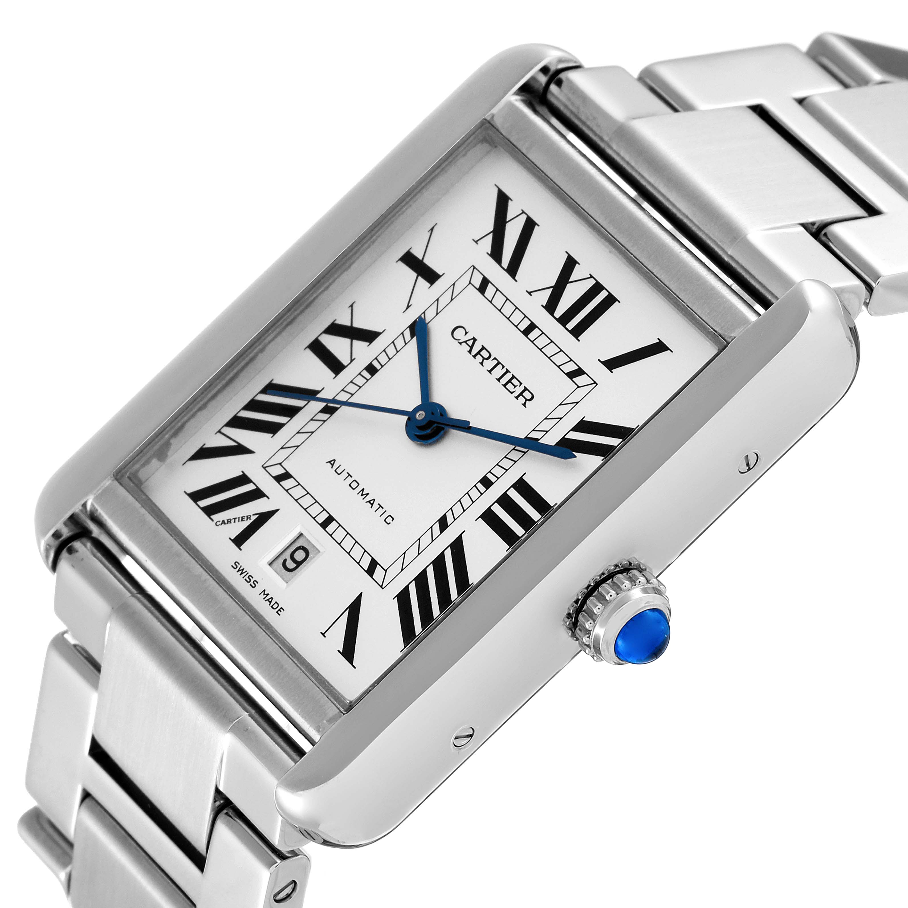 The image shows a Cartier Tank Solo W5200028 Men's Stainless Steel Silver Dial W5200028 Men's Stainless Steel Silver Dial watch, featuring its rectangular face, Roman numeral dial, blue hands, and metallic band at an angle.