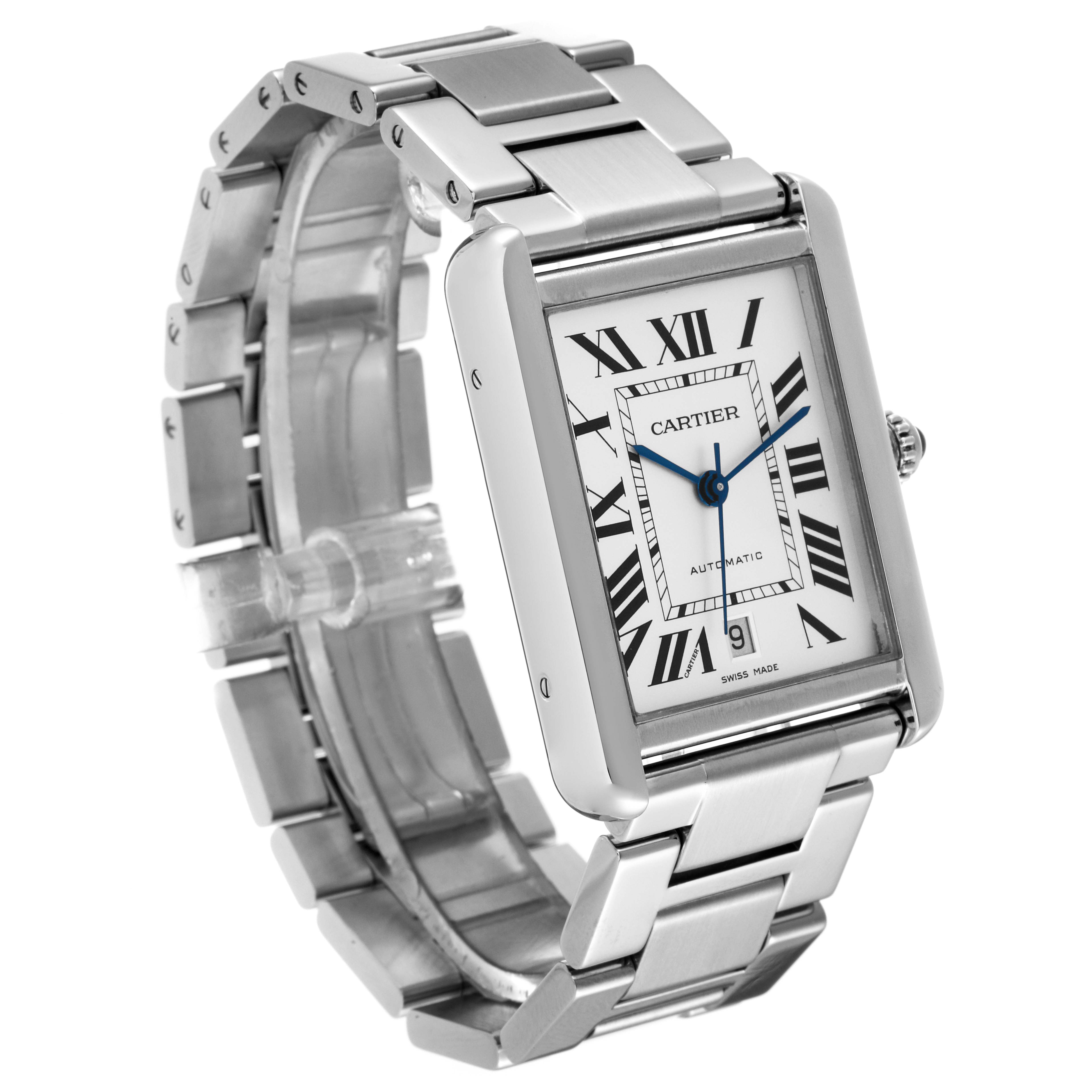 The image shows a Cartier Tank Solo W5200028 Men's Stainless Steel Silver Dial W5200028 Men's Stainless Steel Silver Dial watch at an angled view, highlighting the face, bracelet, and Roman numeral dial.