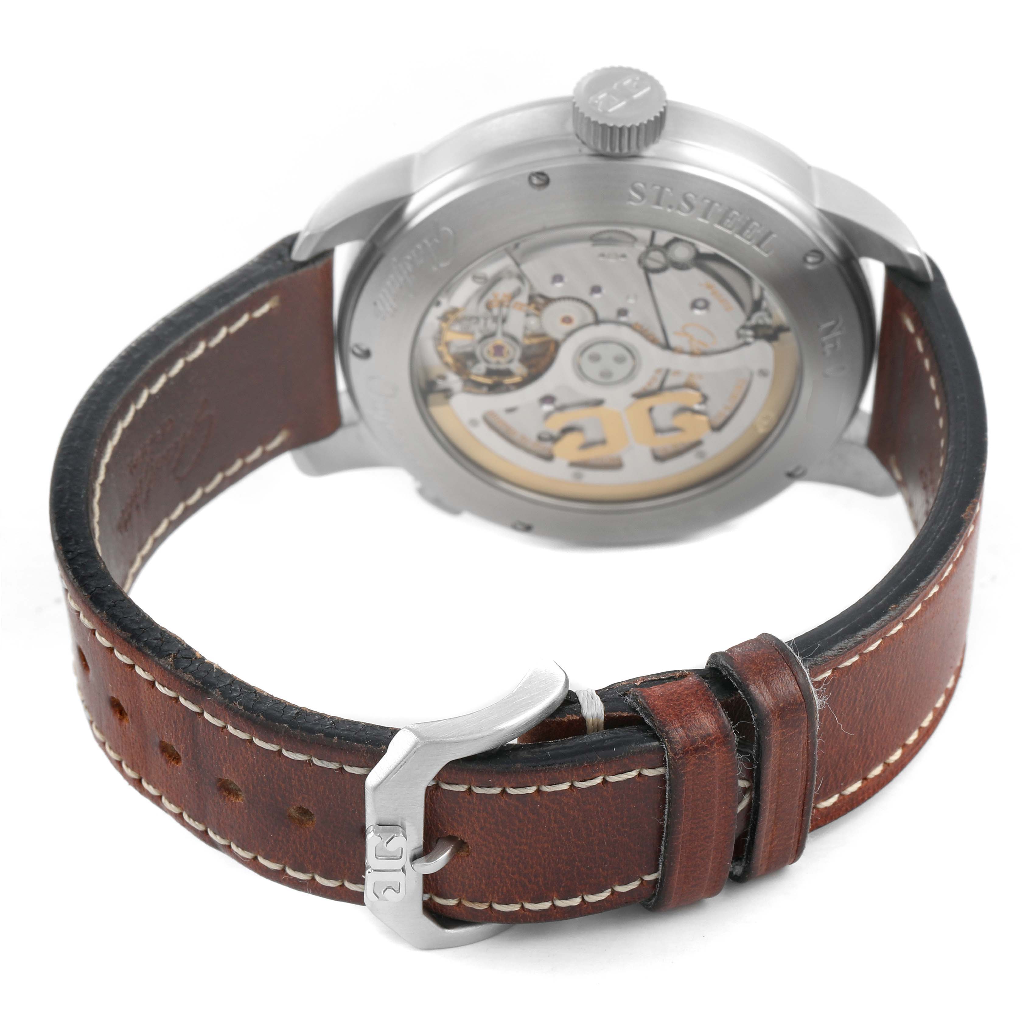 The image shows the back view of the Glashütte Senator watch, highlighting its movement and leather strap with buckle.