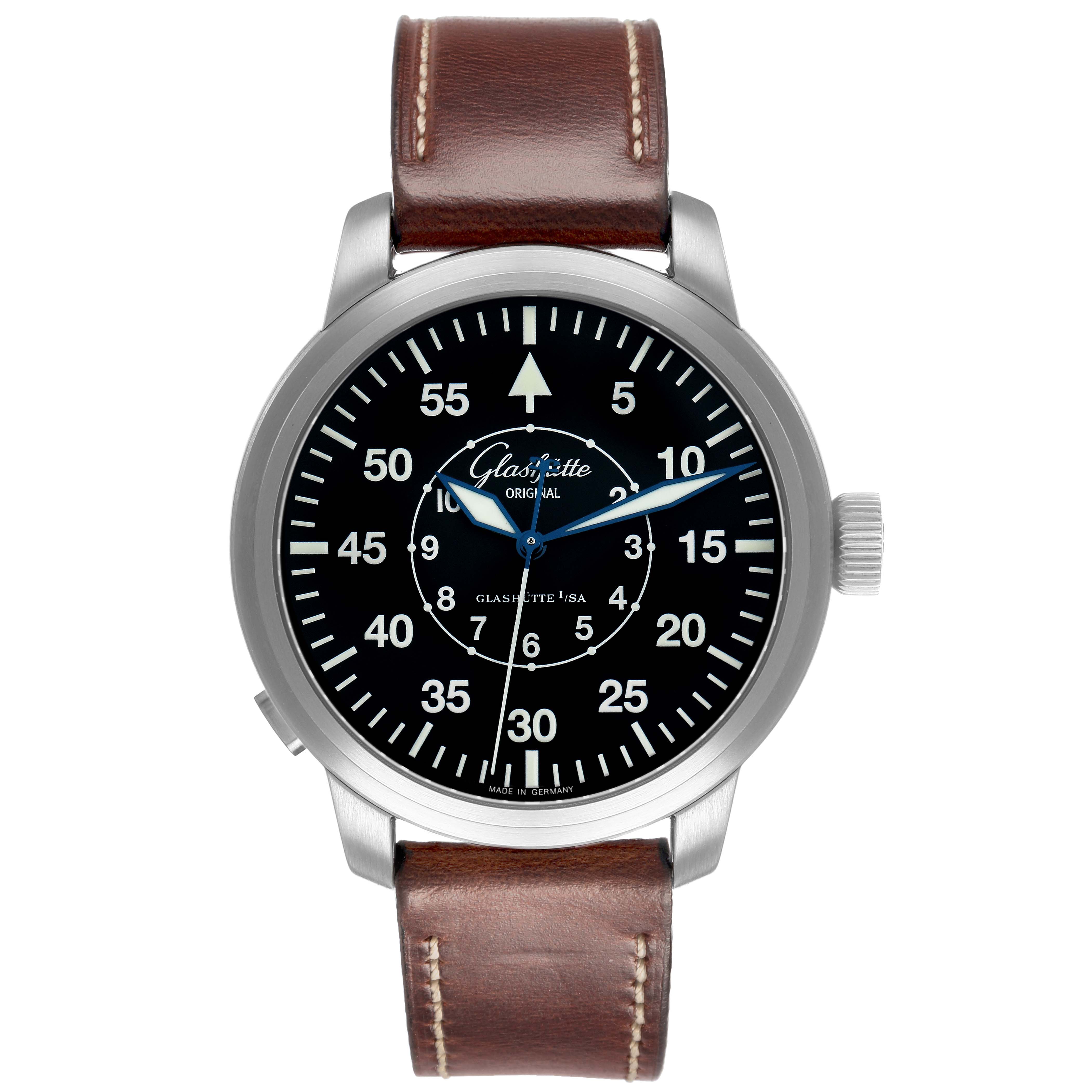 The image shows a Glashütte Senator watch face-on, highlighting its dial, blue hands, and brown leather strap.