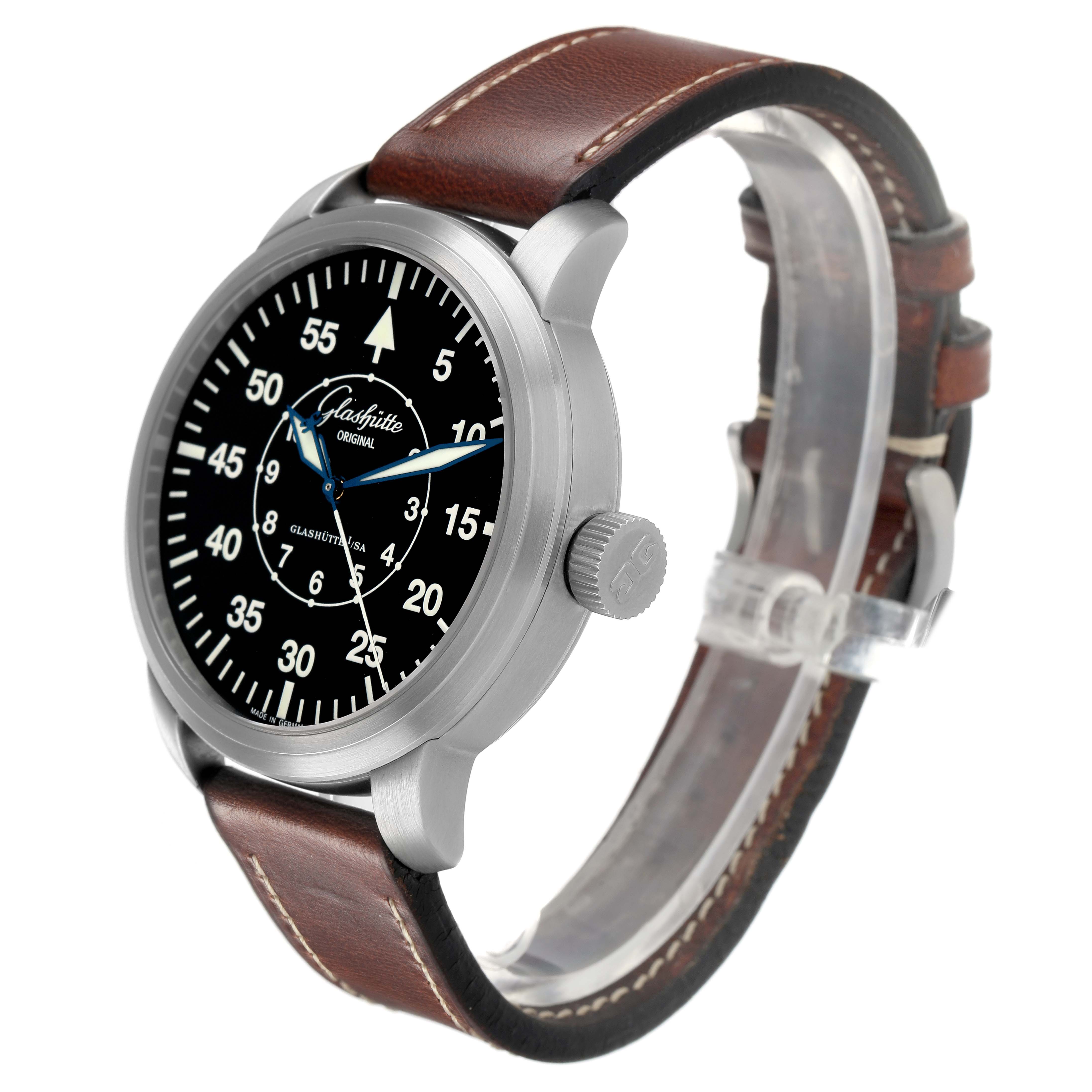 The Glashütte Senator watch is shown from a front-side angle, displaying the dial, crown, case, and leather strap.