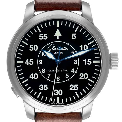 The Glashütte Senator model watch is shown from the front, displaying its dial, hands, and crown.