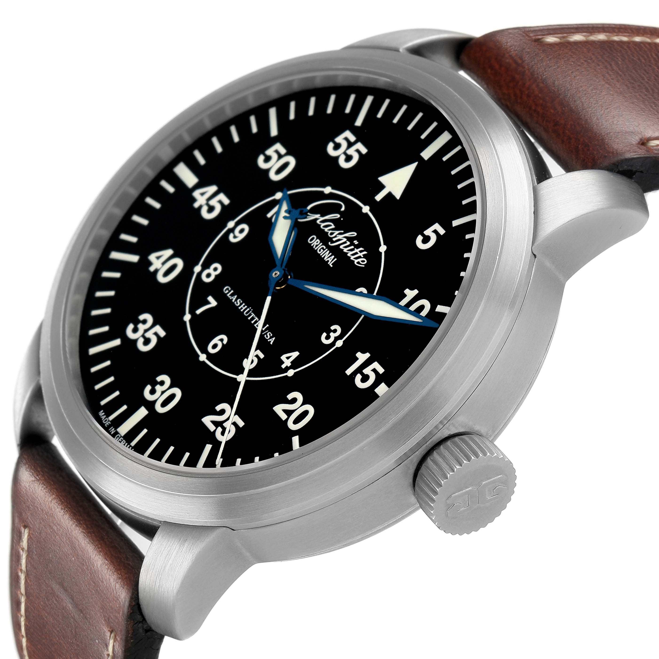 The Glashütte Senator watch is shown at a side angle, highlighting its black dial, blue hands, crown, case, and leather strap.