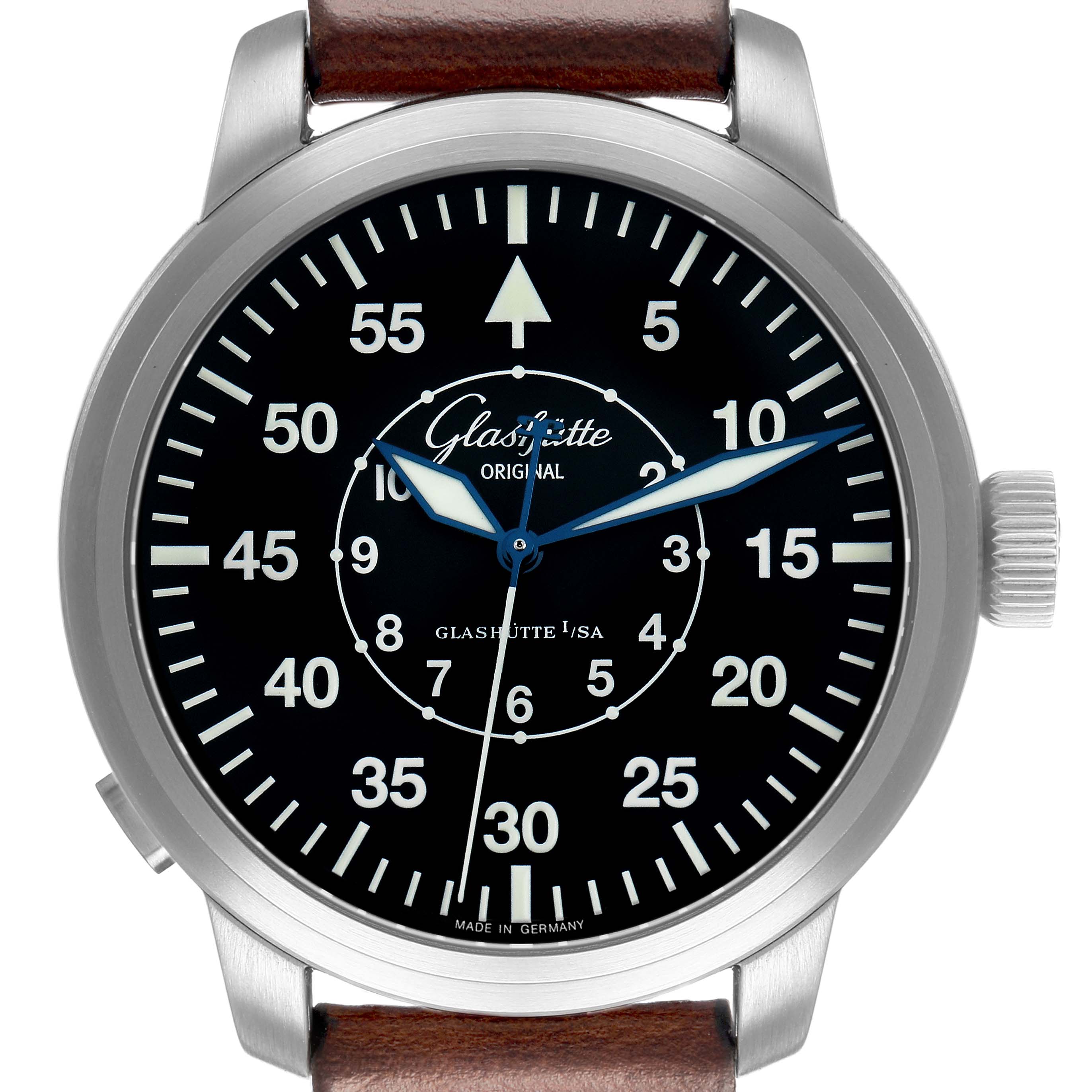 The Glashütte Senator watch is shown from the front, displaying the dial, hands, and crown, with a leather strap partially visible.