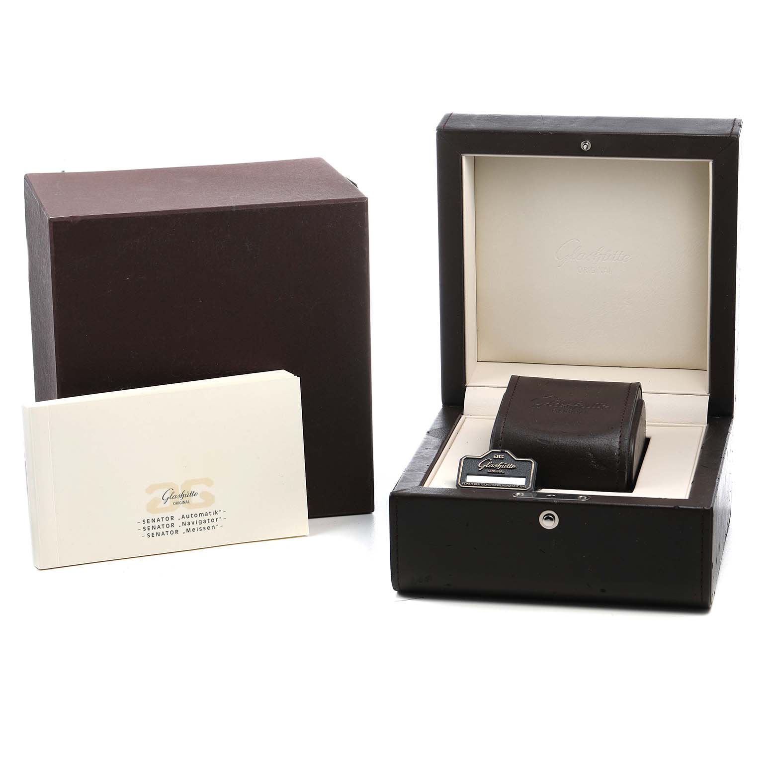 The image shows the Glashütte Senator model watch box set with an open box, protective case, and user manual.