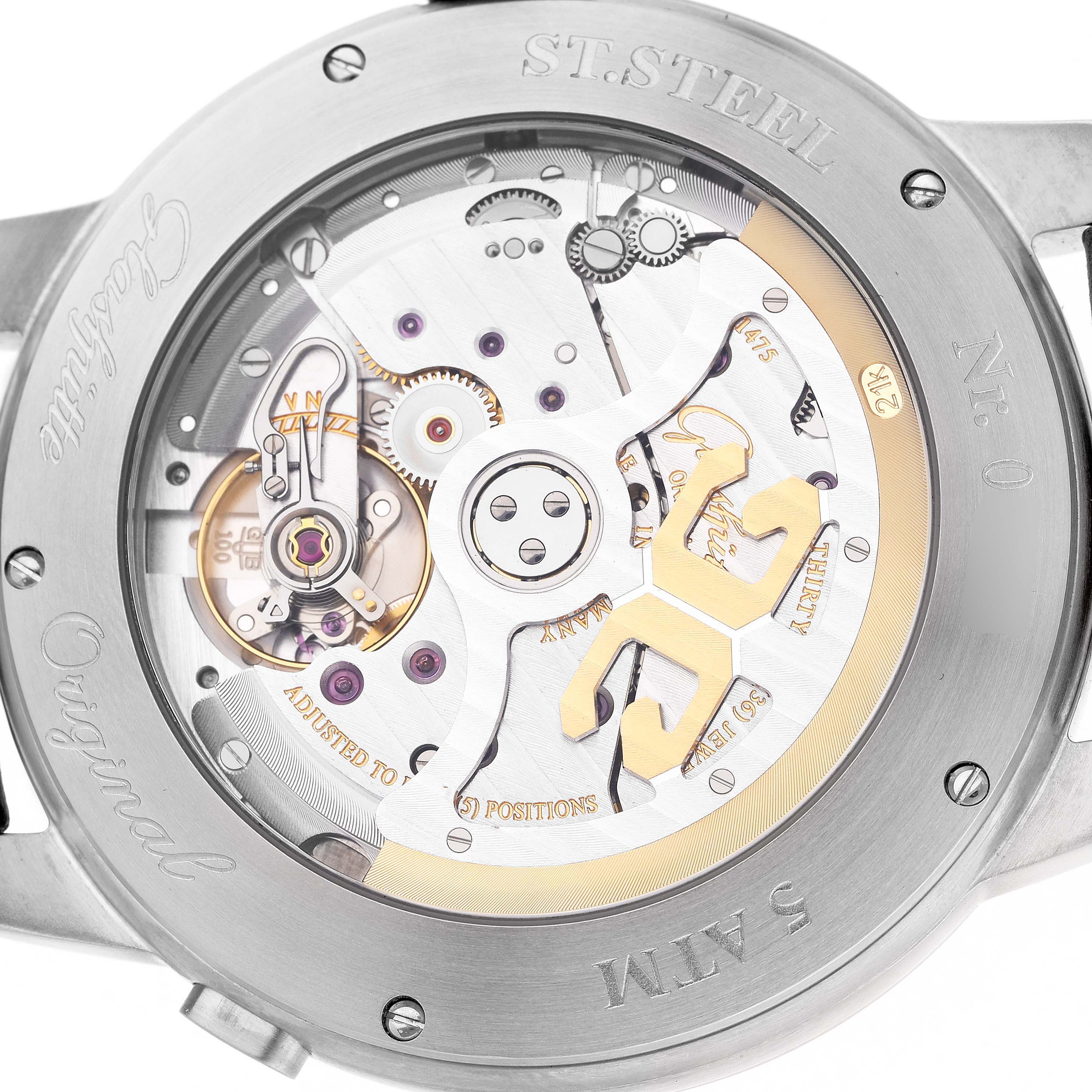 The image shows the back of the Glashütte Senator watch, highlighting its intricate movement and mechanical components.