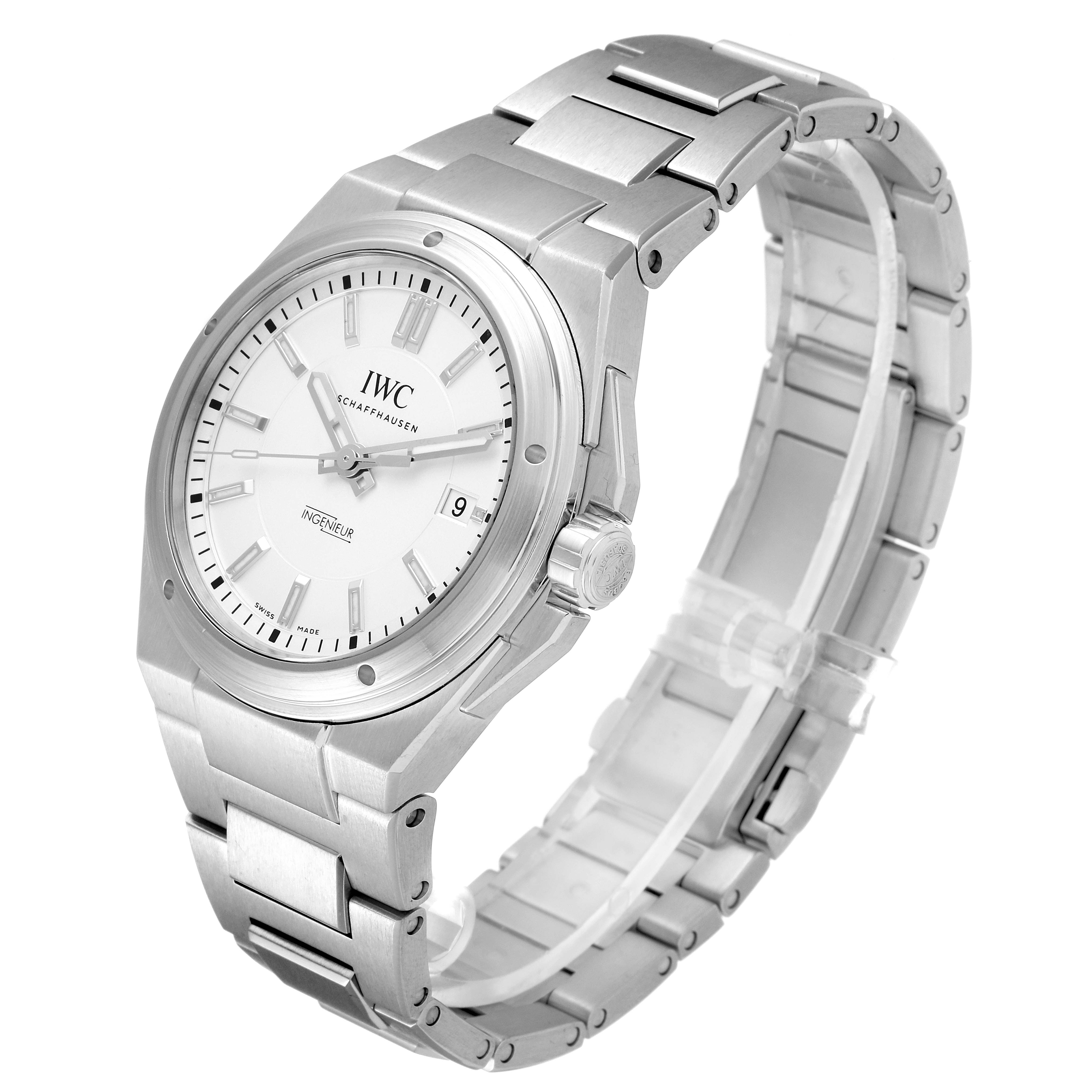 The IWC Ingenieur IW323904 Men's Stainless Steel Silver Dial IW323904 Men's Stainless Steel Silver Dial watch is shown at a slight angle displaying the face, bezel, crown, and bracelet.