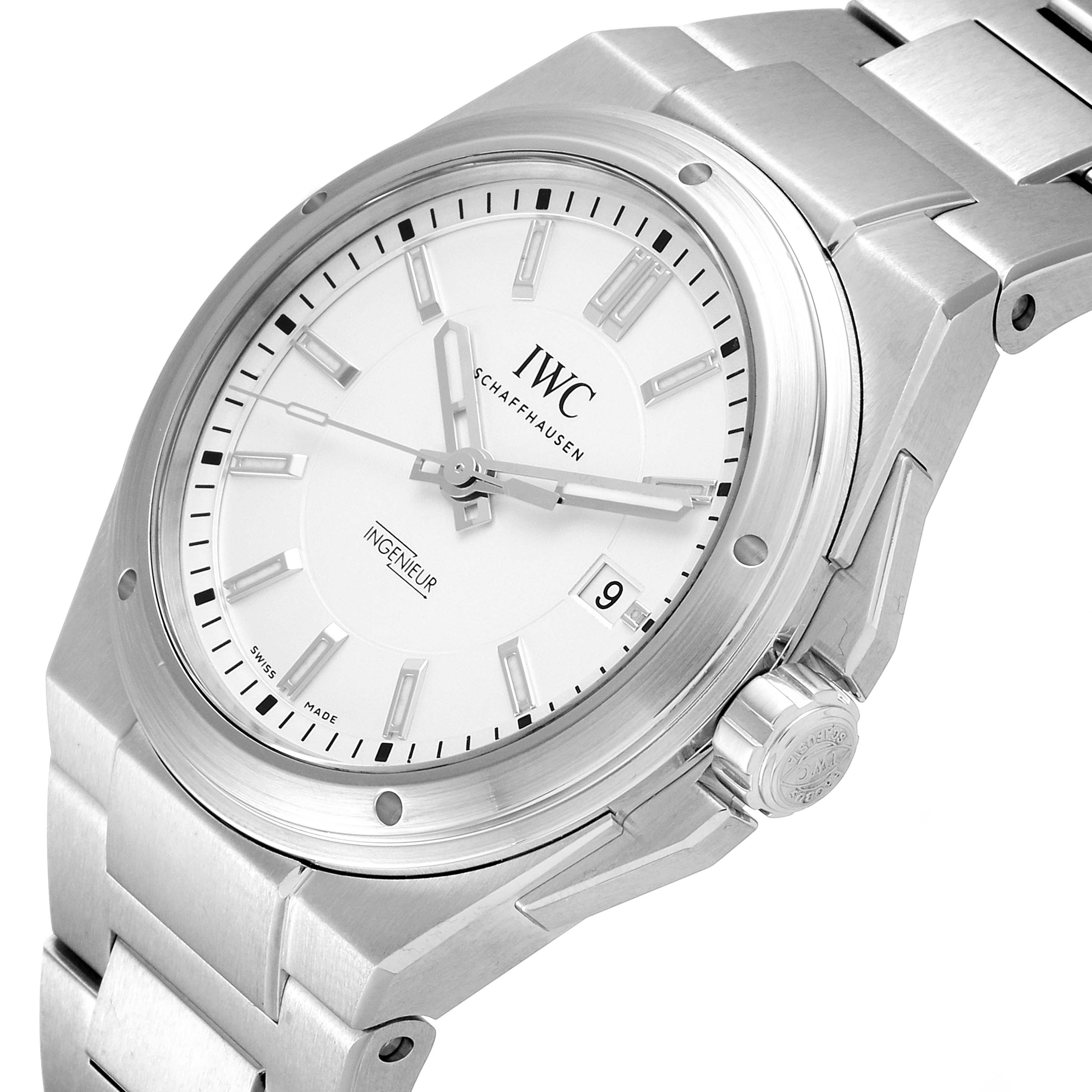 The image shows an Ingenieur model watch by IWC, viewed at an angle highlighting the face, bezel, crown, and part of the bracelet.
