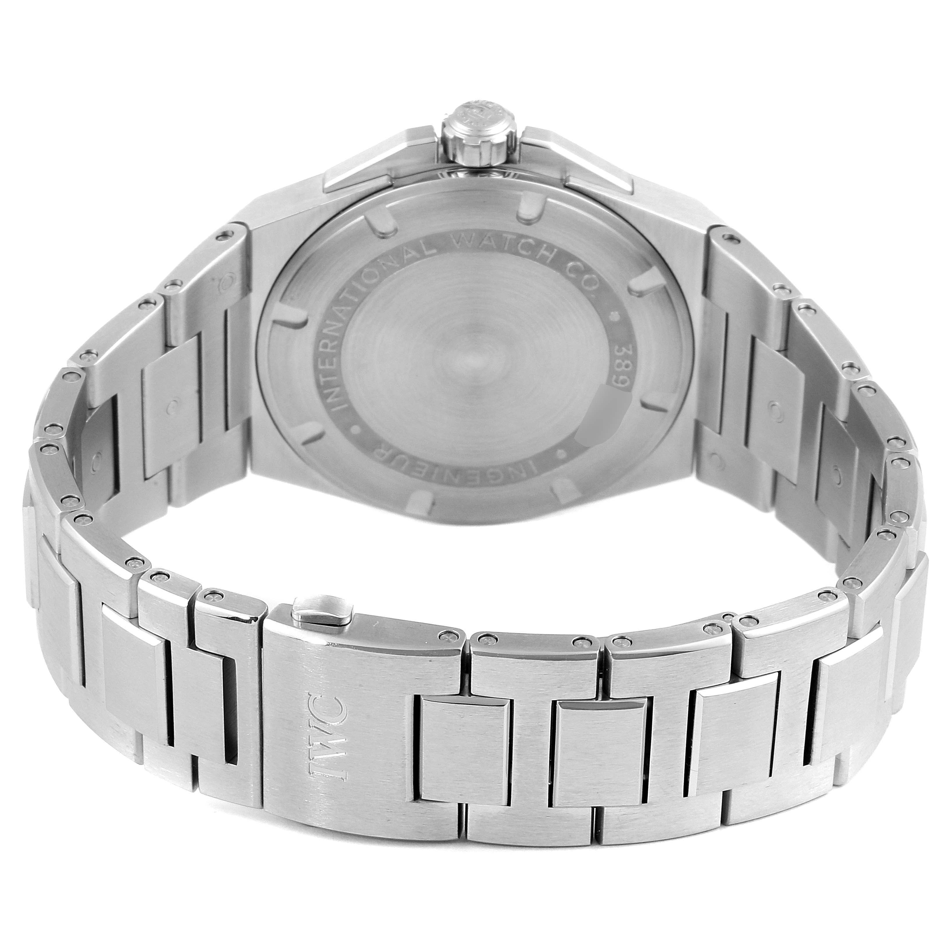 The image shows the backside and clasp of an IWC Ingenieur IW323904 Men's Stainless Steel Silver Dial IW323904 Men's Stainless Steel Silver Dial watch, highlighting its stainless steel bracelet and case back.