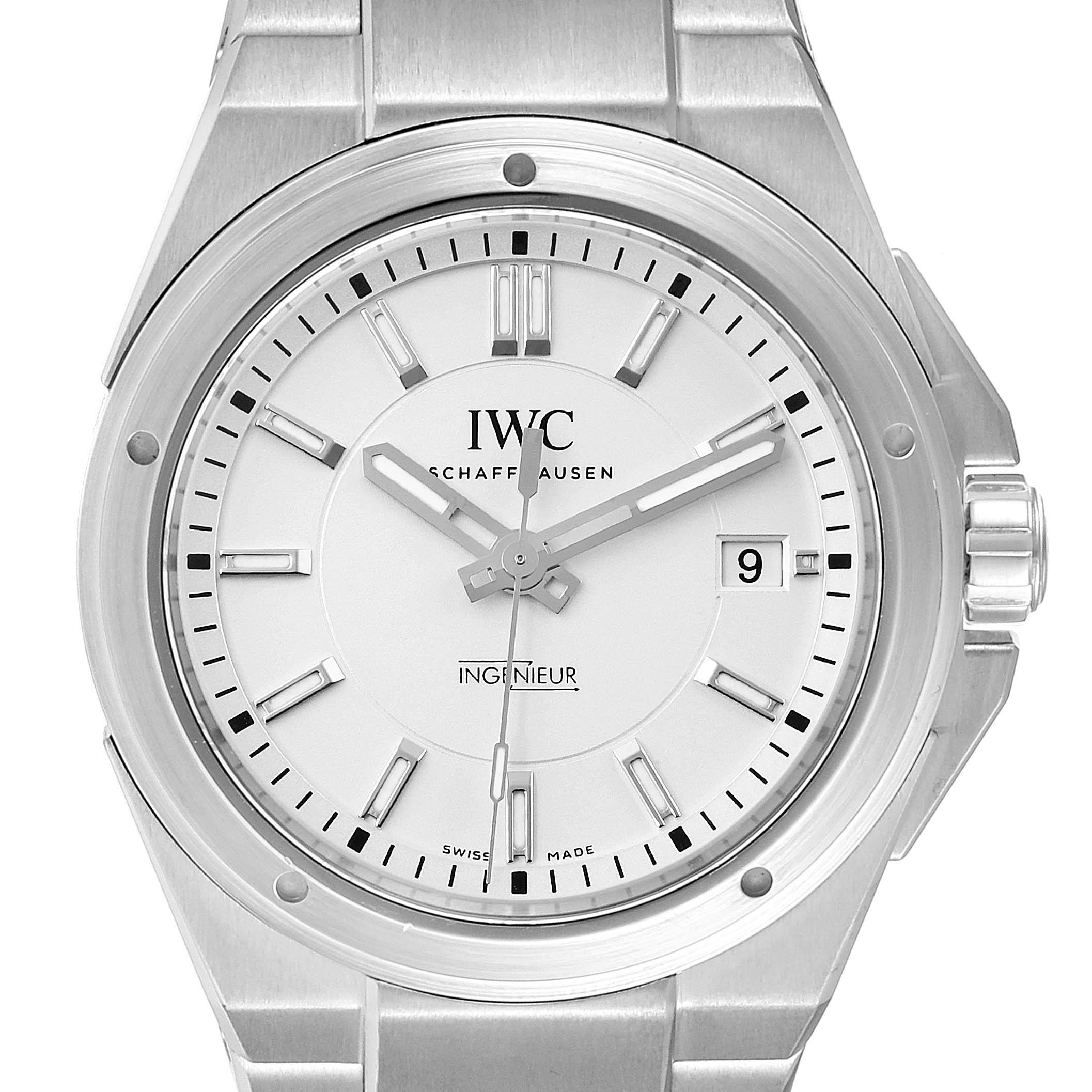 The IWC Ingenieur IW323904 Men's Stainless Steel Silver Dial IW323904 Men's Stainless Steel Silver Dial watch is shown from a top-down angle, displaying the dial, hands, markers, and date window.