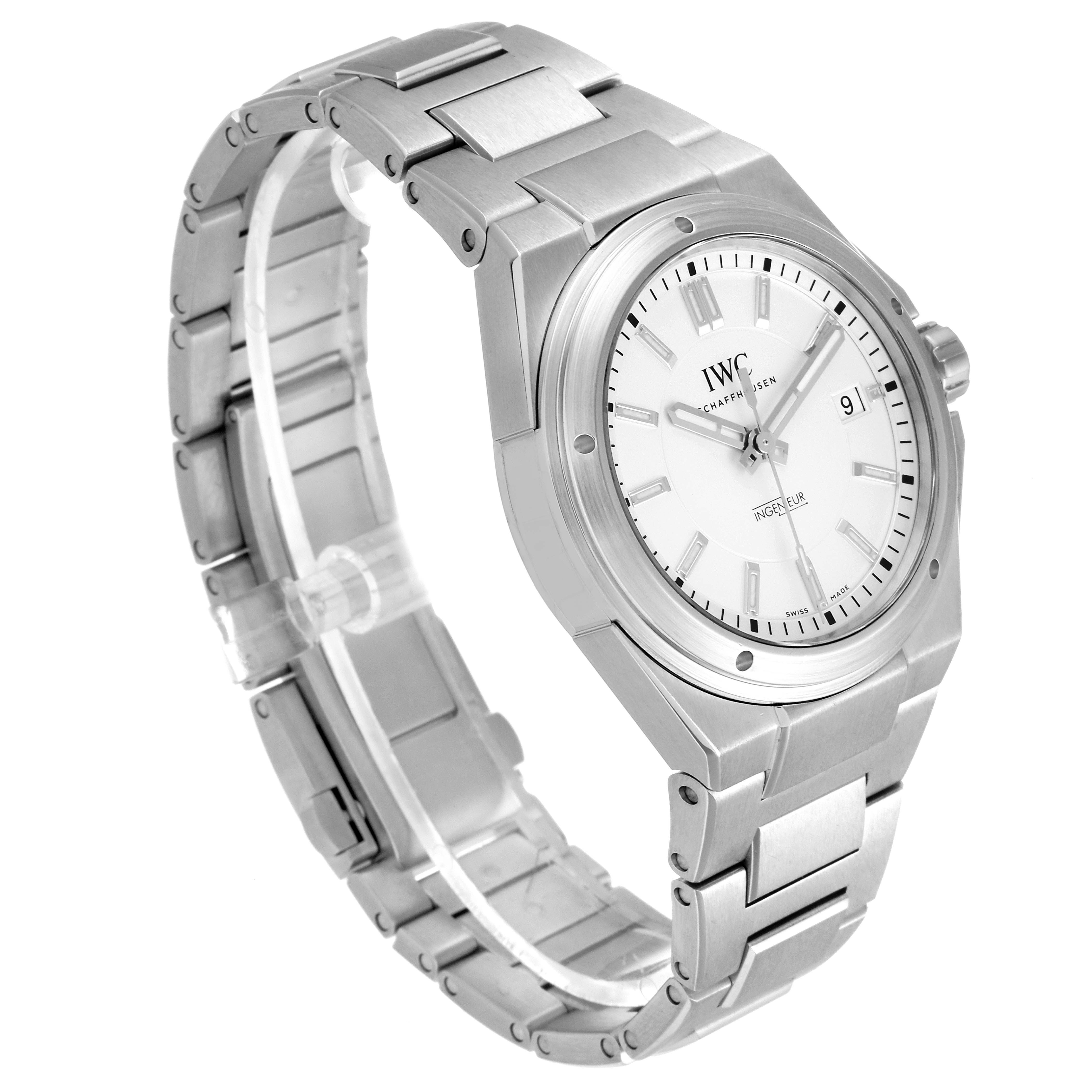 The IWC Ingenieur IW323904 Men's Stainless Steel Silver Dial IW323904 Men's Stainless Steel Silver Dial watch is shown at an angle, displaying its face, bezel, and metal bracelet.