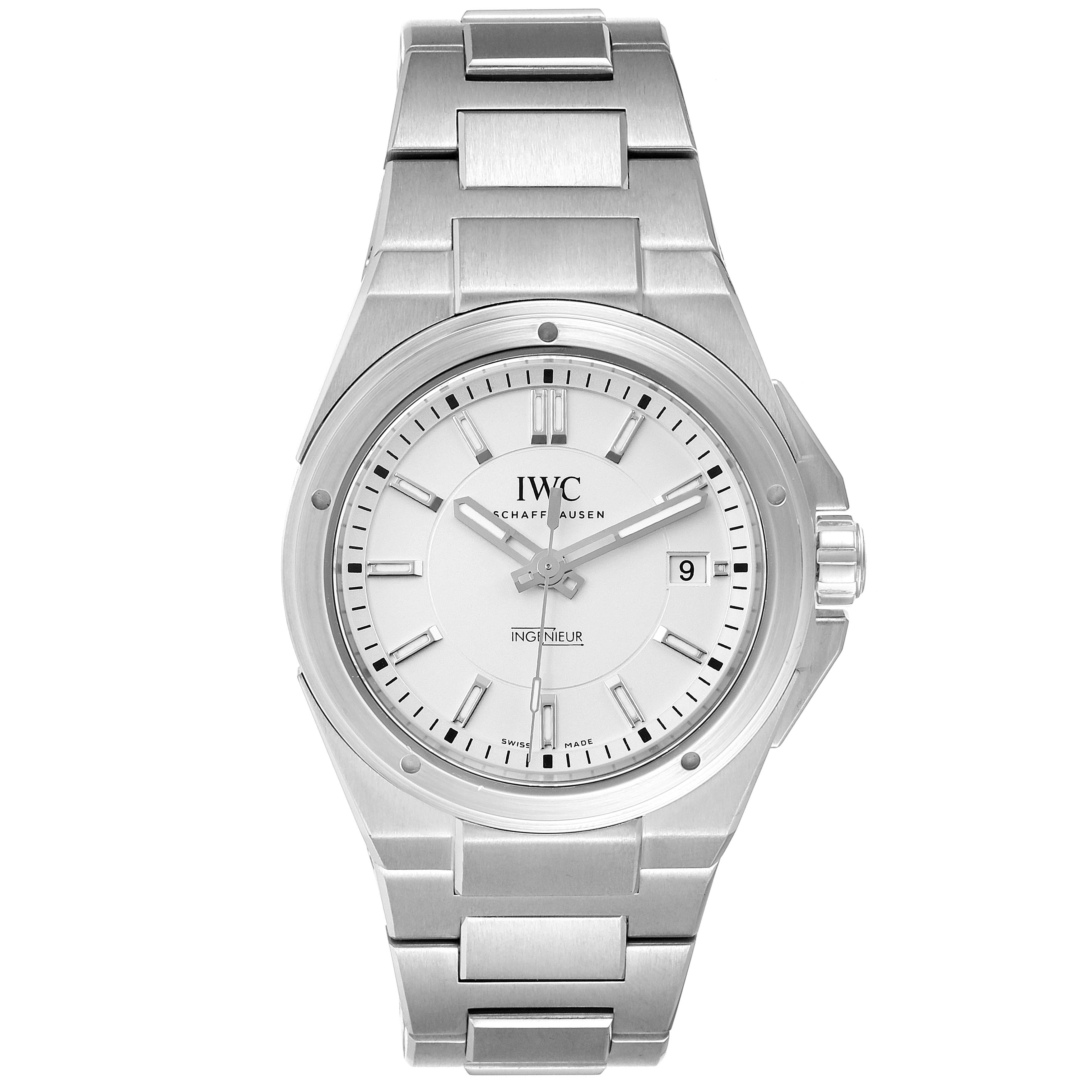 The IWC Ingenieur IW323904 Men's Stainless Steel Silver Dial IW323904 Men's Stainless Steel Silver Dial watch is shown from the front, displaying the dial, hands, and bracelet.