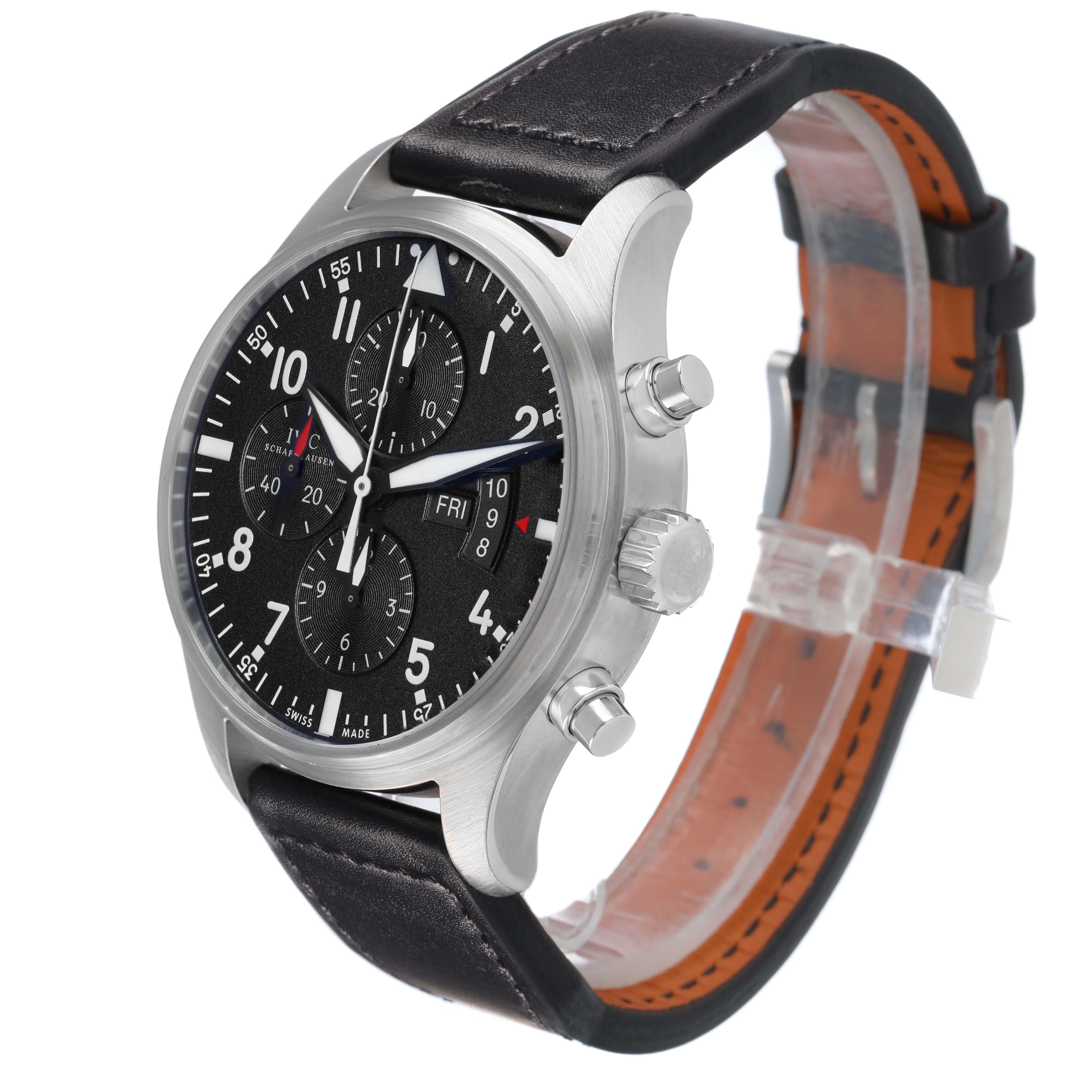 The IWC Pilot IW377701 Men's Stainless Steel Black Dial model is shown at a three-quarter angle, highlighting the dial, chronograph buttons, and leather strap.