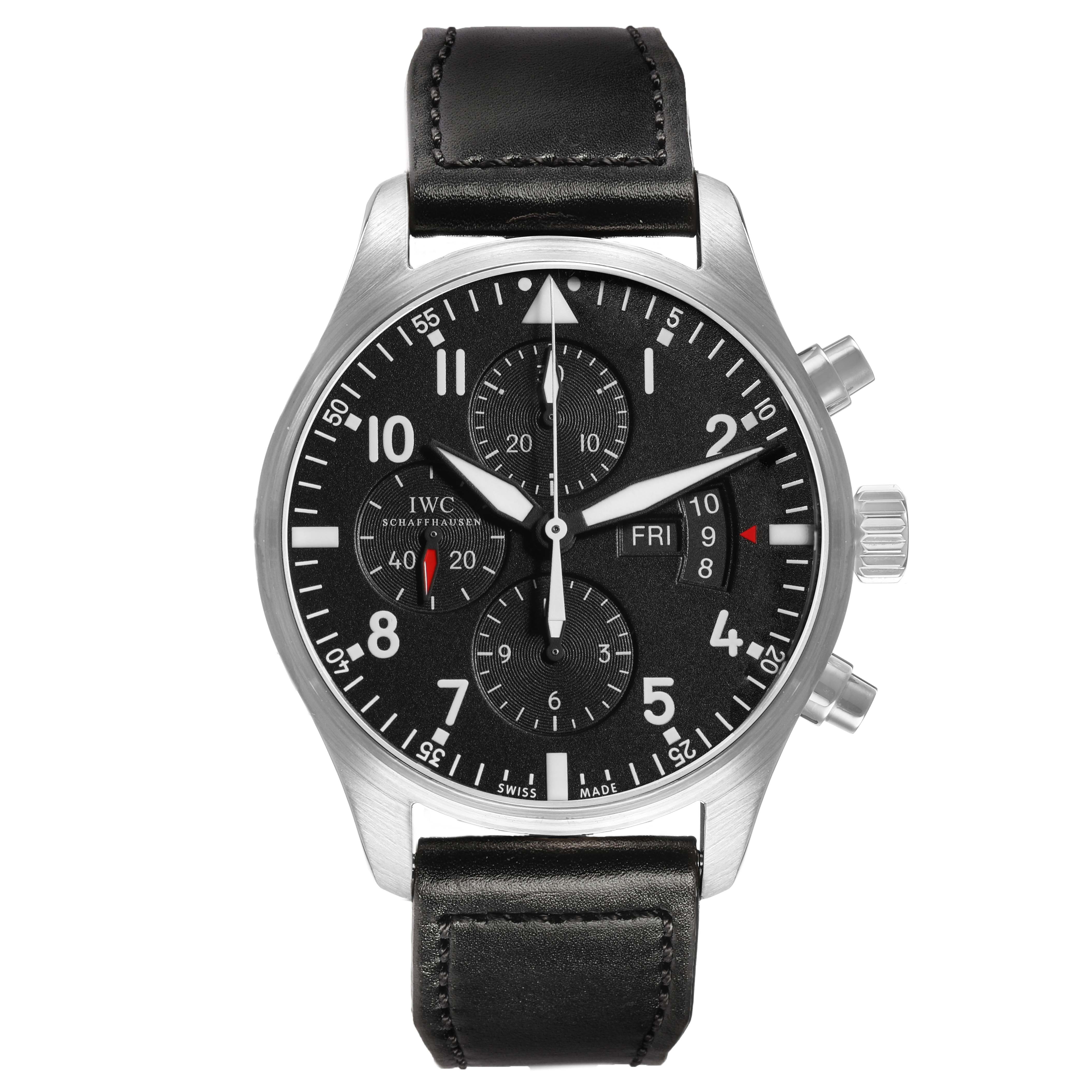 The IWC Pilot IW377701 Men's Stainless Steel Black Dial watch is shown from the front, displaying the dial, crown, pushers, and black leather strap.