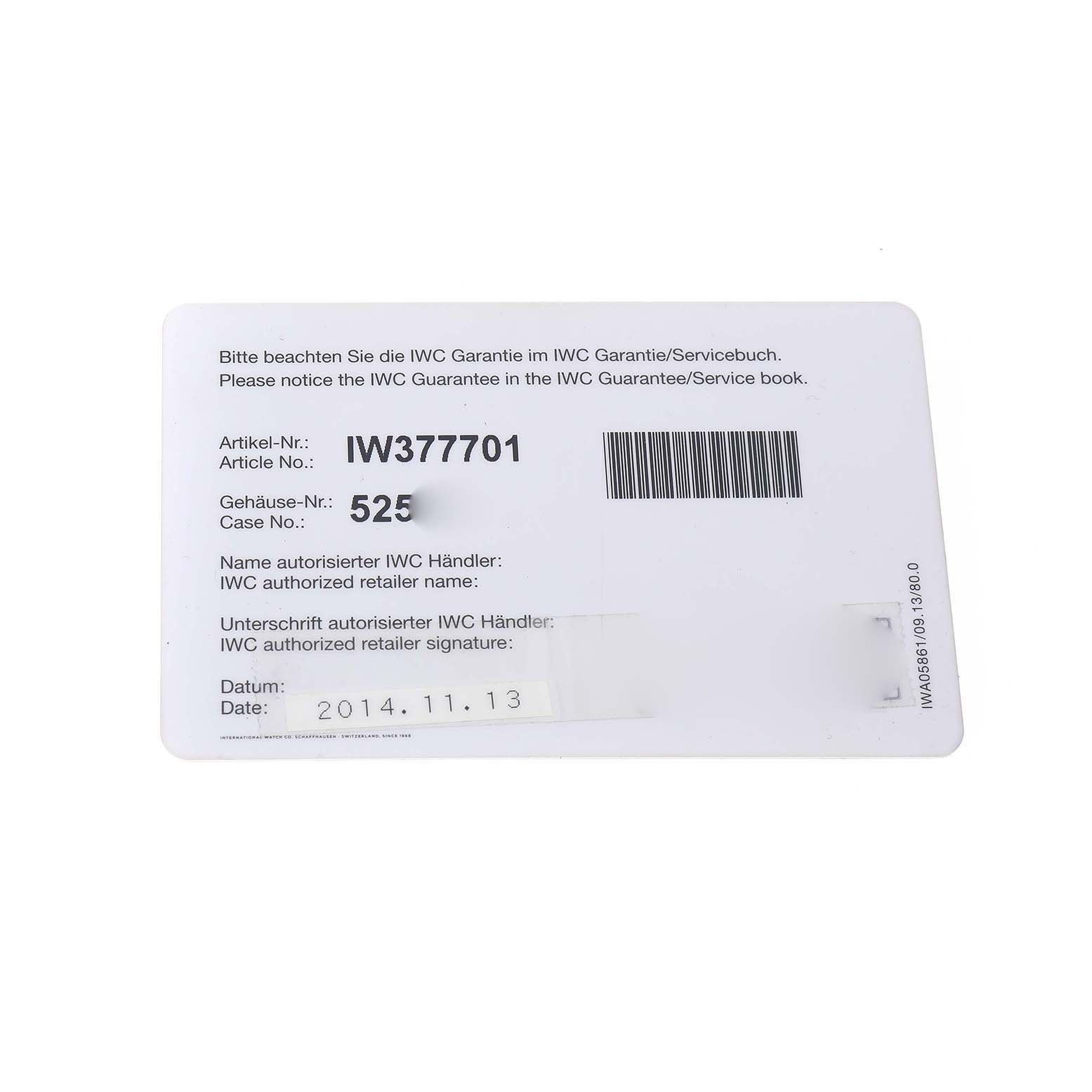 The image shows a warranty card for the IWC Pilot IW377701 Men's Stainless Steel Black Dial model, displaying the article and case numbers and the purchase date.