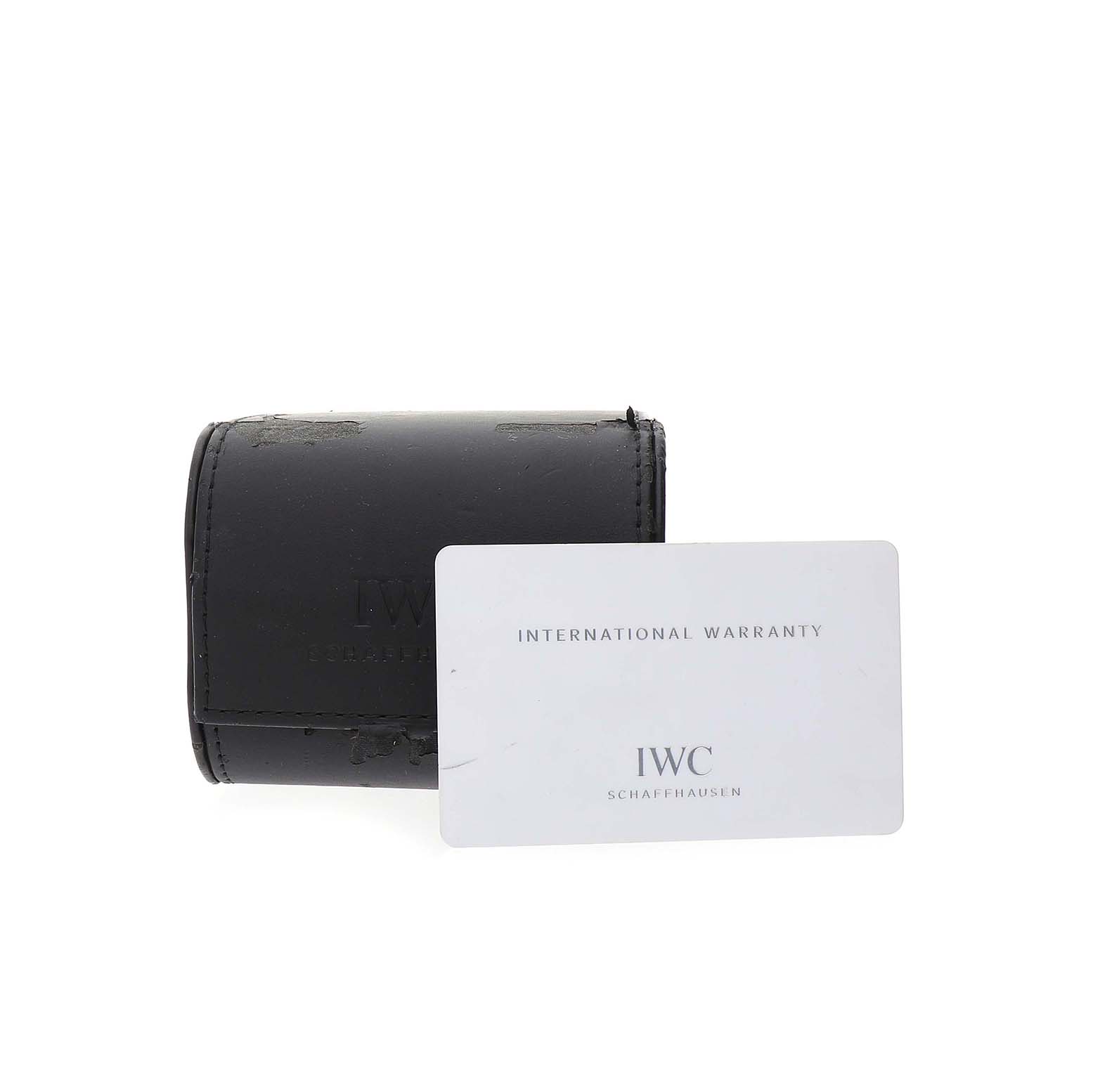 The image shows an IWC Pilot IW377701 Men's Stainless Steel Black Dial watch accessories set featuring a black leather case and an International Warranty card.