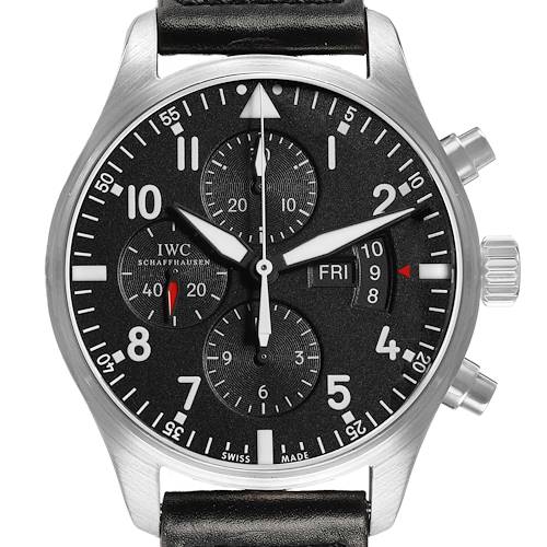 The IWC Pilot IW377701 Men's Stainless Steel Black Dial model watch is shown from a frontal angle, featuring the face, subdials, crown, and pushers.