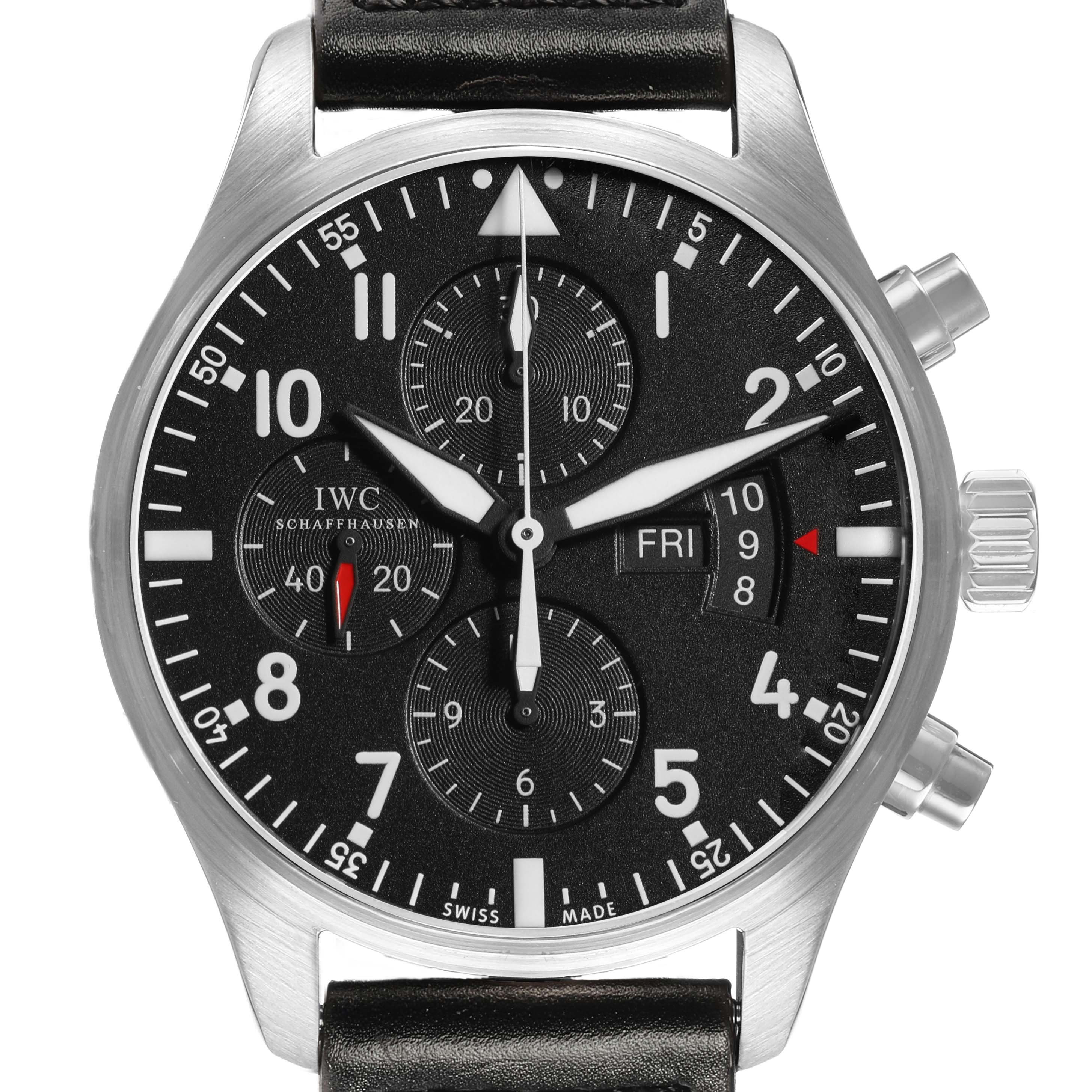 The IWC Pilot IW377701 Men's Stainless Steel Black Dial watch is shown from the front, displaying the dial, chronograph subdials, and pushers.