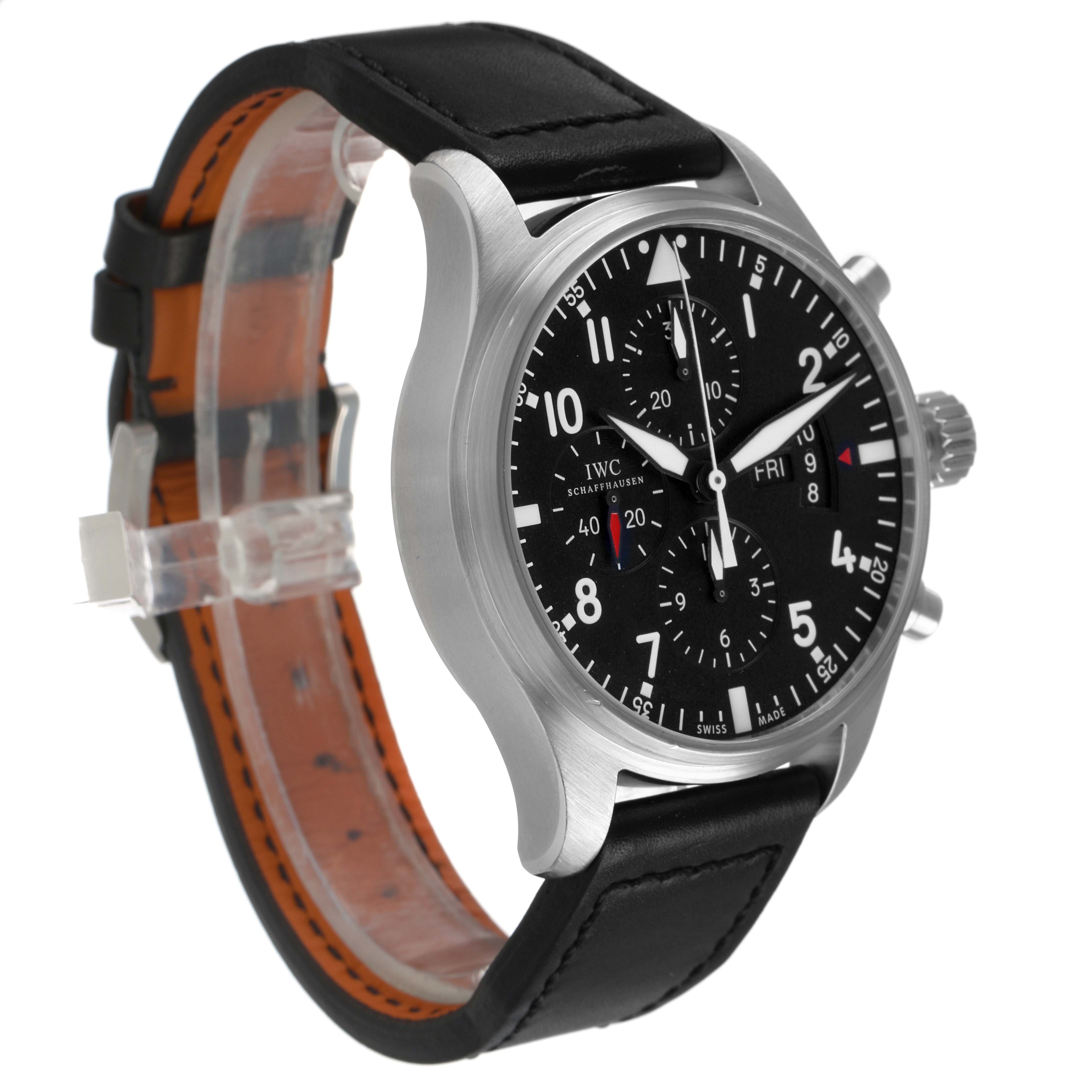 The IWC Pilot IW377701 Men's Stainless Steel Black Dial model watch is shown at a three-quarter angle, displaying the face, bezel, crown, pushers, and leather strap.