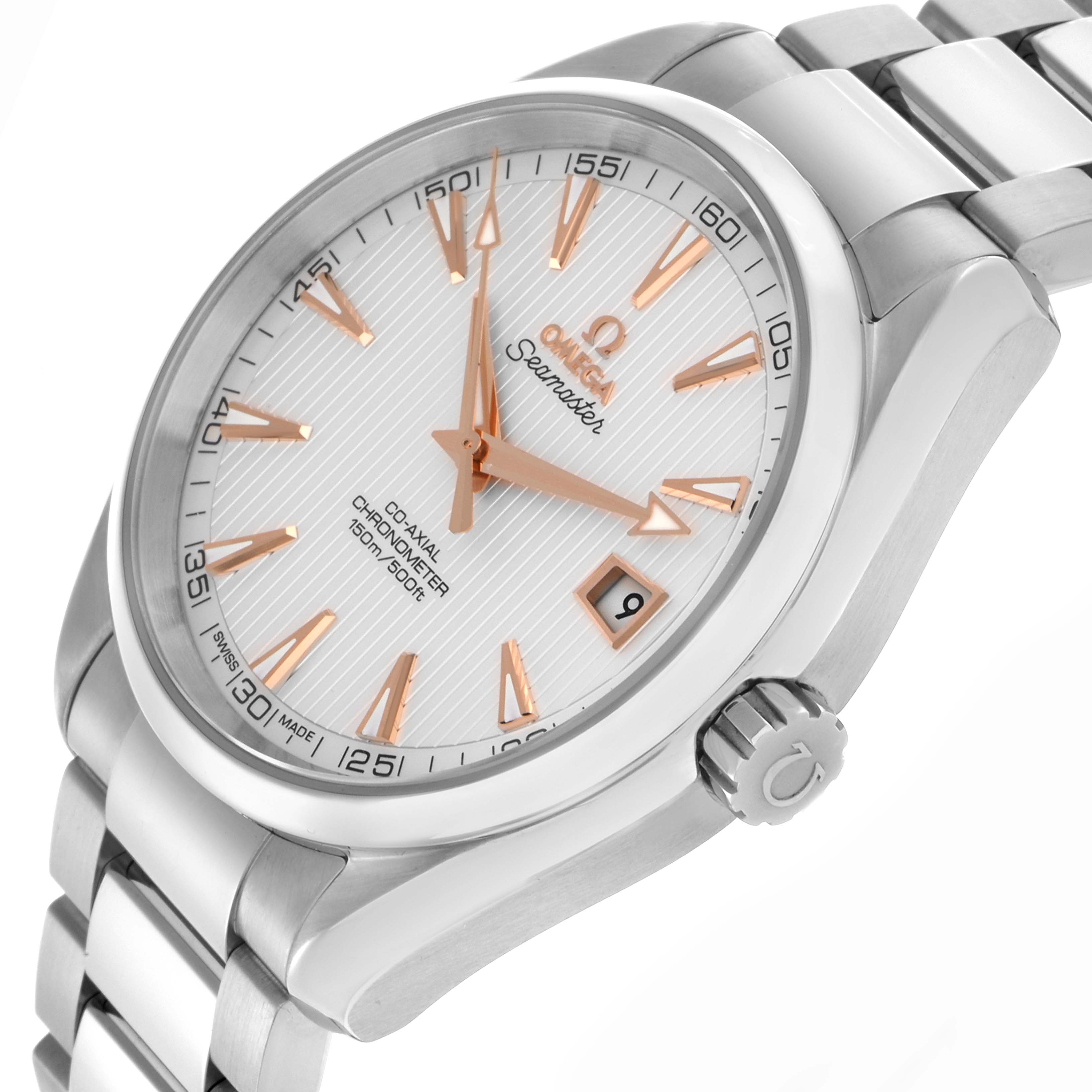The Omega Aqua Terra 231.13.42.21.02.002 Men's Stainless Steel Silver Dial 231.13.42.21.02.002 Men's Stainless Steel Silver Dial watch is shown at a slight angle, highlighting the face, bracelet, and side crown.