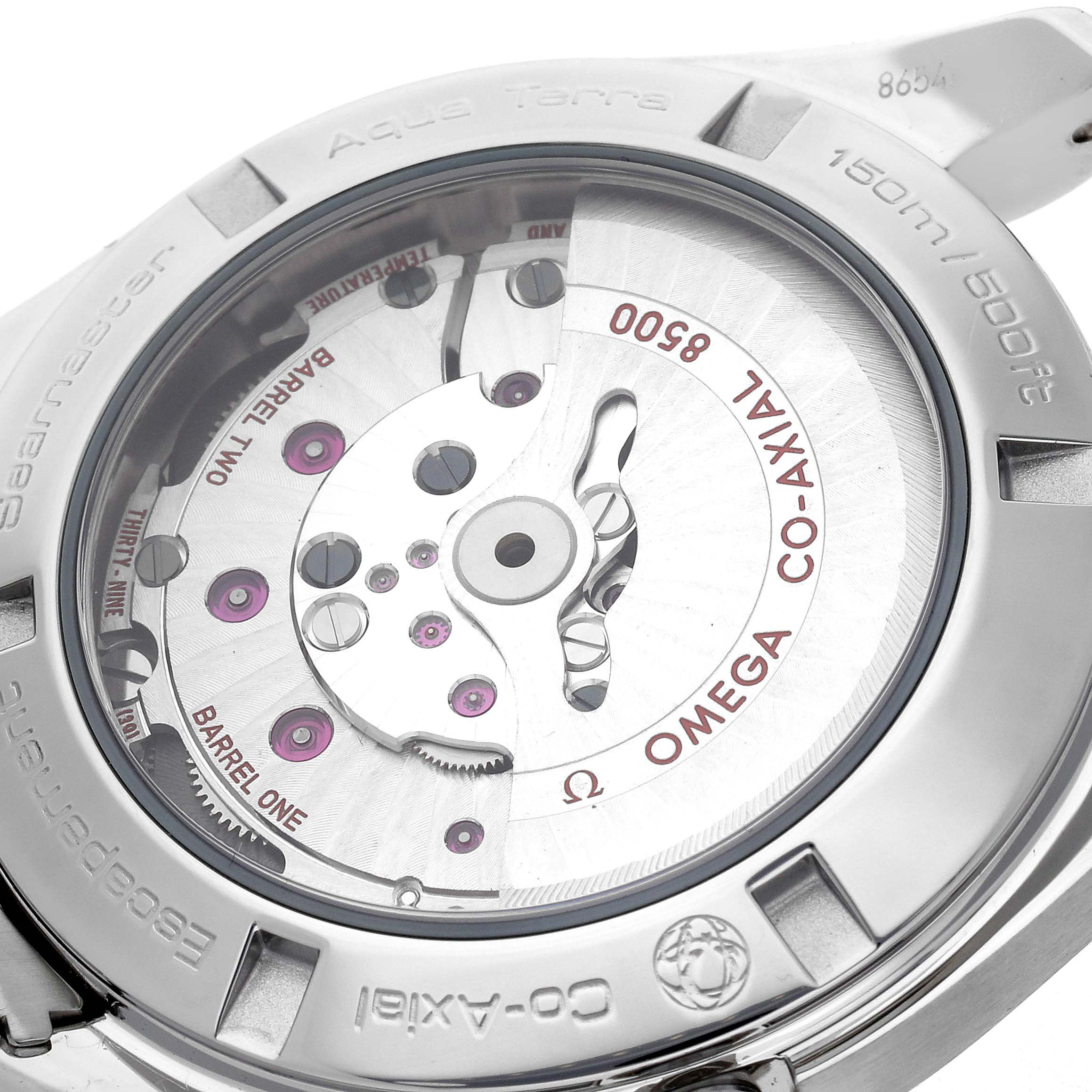 The image shows the back of an Omega Aqua Terra 231.13.42.21.02.002 Men's Stainless Steel Silver Dial 231.13.42.21.02.002 Men's Stainless Steel Silver Dial watch, highlighting its Co-Axial movement and inner mechanics.