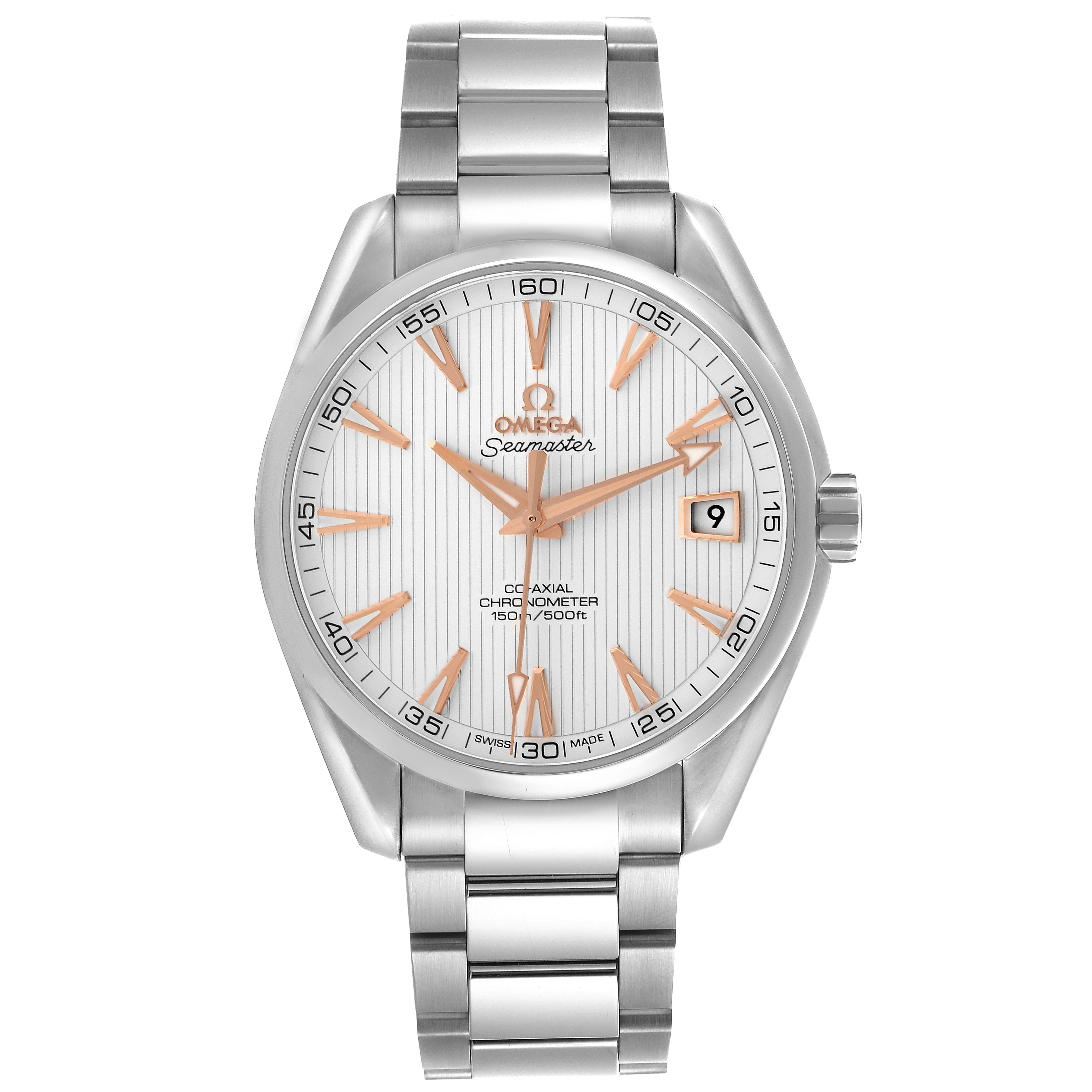 The Omega Aqua Terra 231.13.42.21.02.002 Men's Stainless Steel Silver Dial 231.13.42.21.02.002 Men's Stainless Steel Silver Dial watch is shown from the front, displaying the face, hands, and metal bracelet.