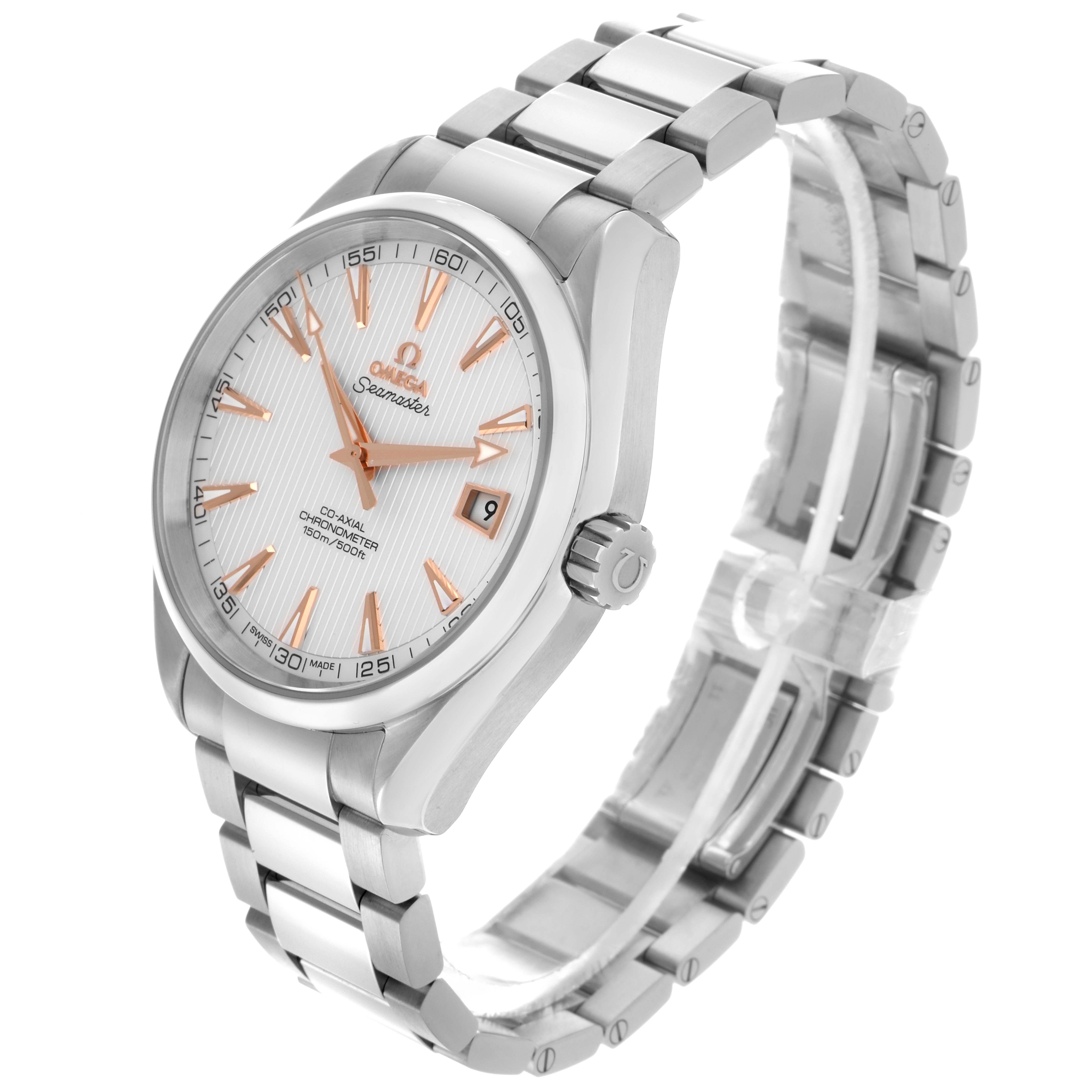 The Omega Aqua Terra 231.13.42.21.02.002 Men's Stainless Steel Silver Dial 231.13.42.21.02.002 Men's Stainless Steel Silver Dial watch is shown at a three-quarter angle, highlighting the face, case, and bracelet.