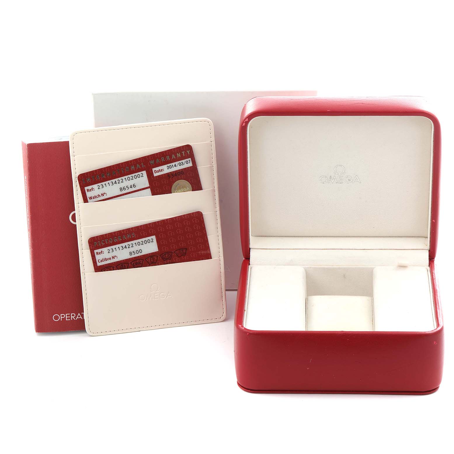 The image shows an empty Omega Aqua Terra 231.13.42.21.02.002 Men's Stainless Steel Silver Dial 231.13.42.21.02.002 Men's Stainless Steel Silver Dial watch box, warranty cards, and a manual from a front angle.