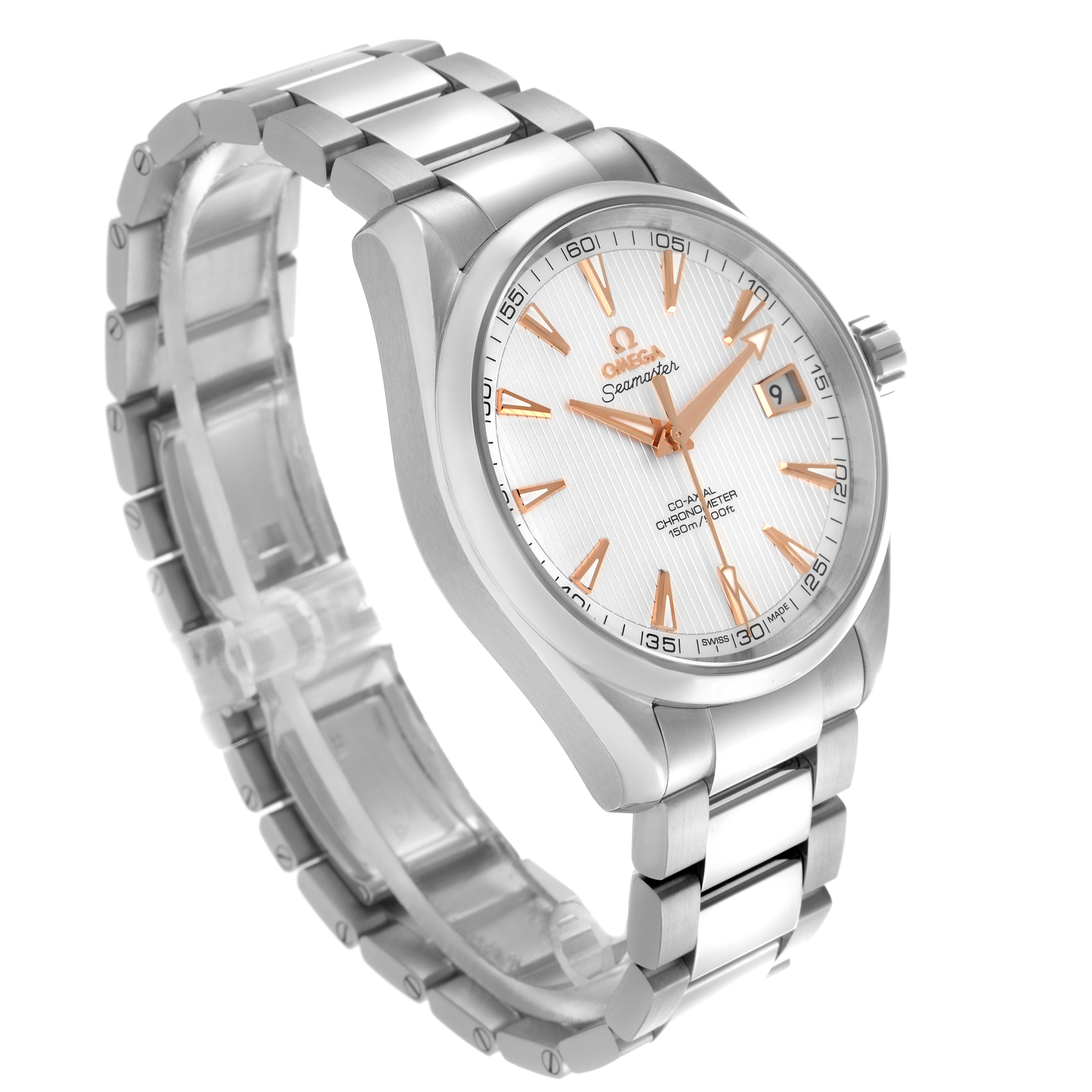 The Omega Aqua Terra 231.13.42.21.02.002 Men's Stainless Steel Silver Dial 231.13.42.21.02.002 Men's Stainless Steel Silver Dial watch is shown at an angled view, highlighting its bracelet, face, and side crown.