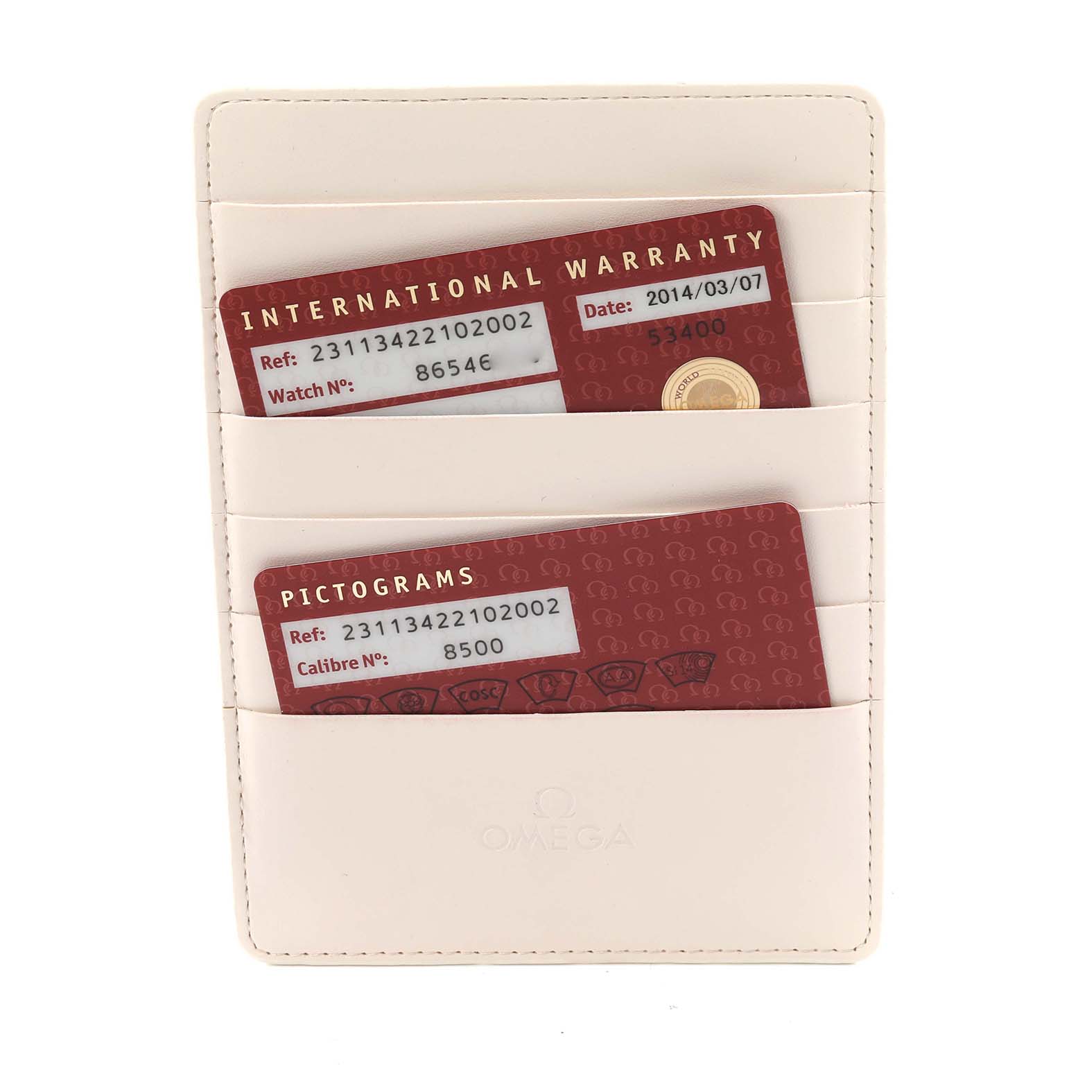 The image shows Omega Aqua Terra 231.13.42.21.02.002 Men's Stainless Steel Silver Dial 231.13.42.21.02.002 Men's Stainless Steel Silver Dial model warranty and pictogram cards in a beige cardholder.