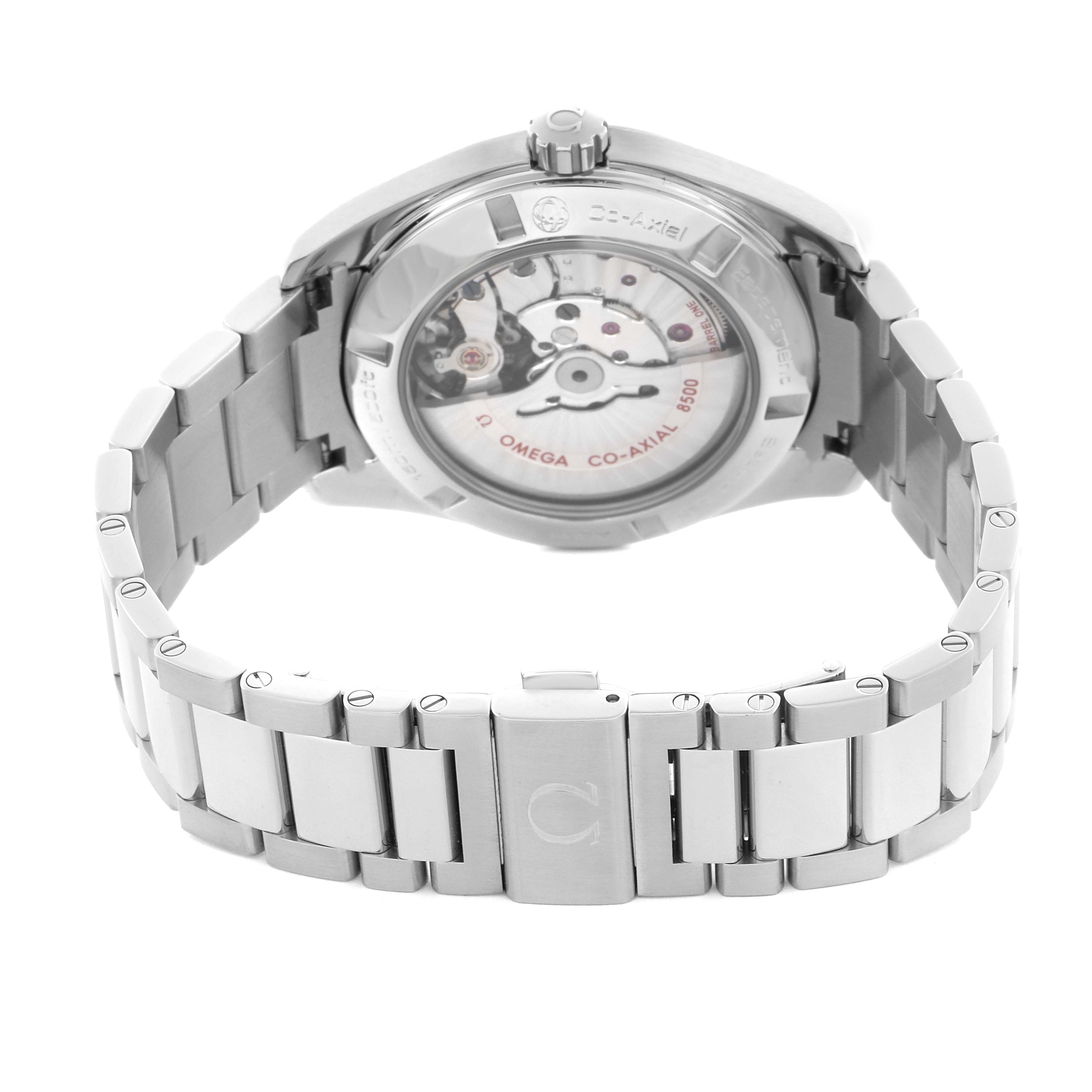 The image shows the back view of the Omega Aqua Terra 231.13.42.21.02.002 Men's Stainless Steel Silver Dial 231.13.42.21.02.002 Men's Stainless Steel Silver Dial watch, highlighting its transparent case back and metal bracelet.