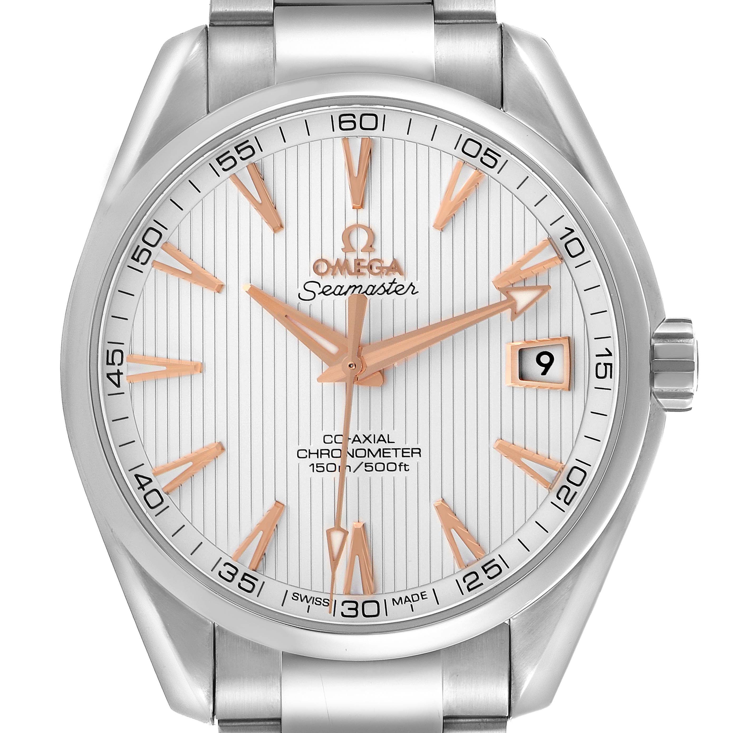 The Omega Aqua Terra 231.13.42.21.02.002 Men's Stainless Steel Silver Dial 231.13.42.21.02.002 Men's Stainless Steel Silver Dial watch is shown from a front angle displaying the dial, hands, indices, and part of the bracelet.