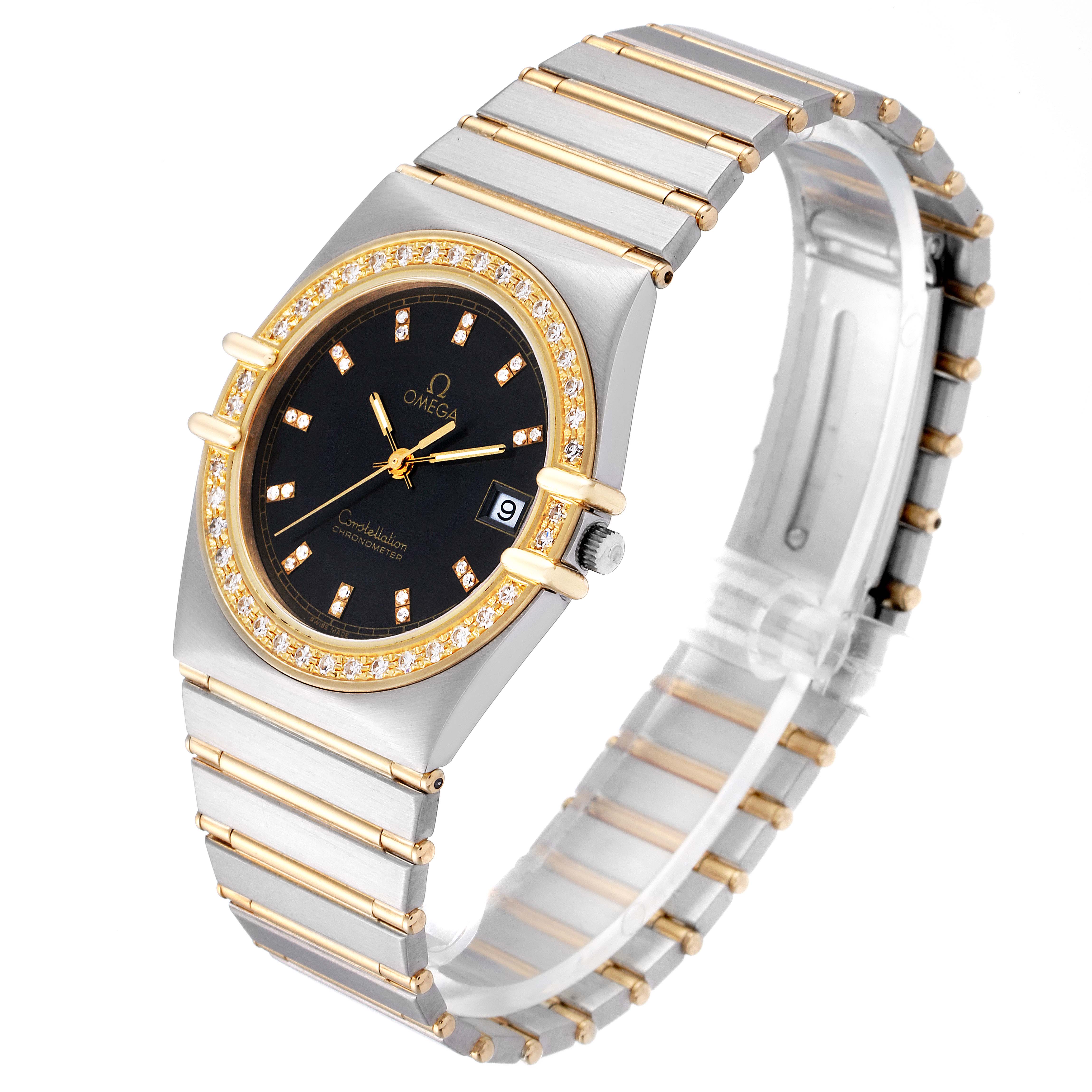 The image shows a side angle of a Constellation model by Omega, highlighting its bezel, dial, and bracelet.