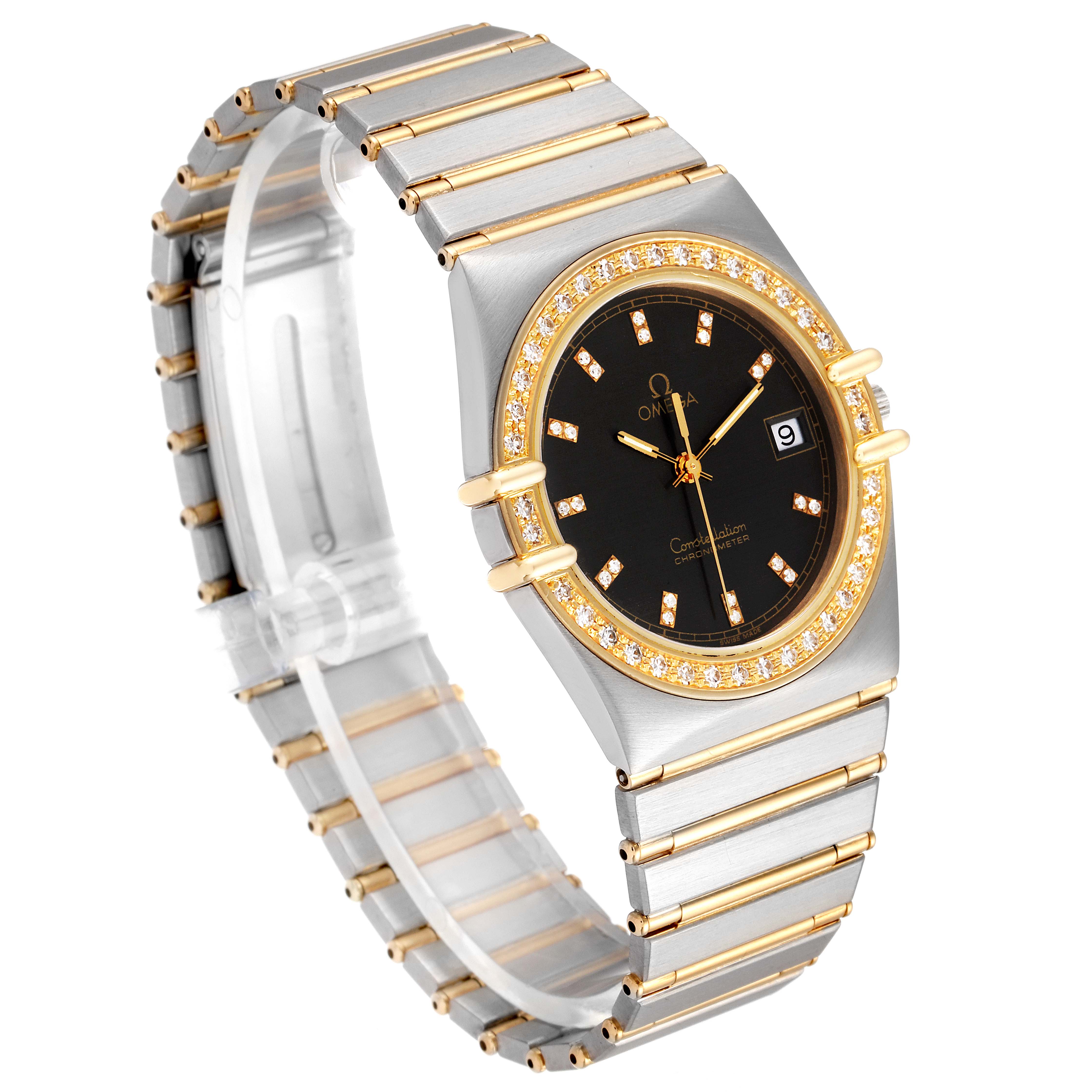 The image shows a side view of the Omega Constellation  Men's Steel and Gold (two tone) Black Dial  Men's Steel and Gold (two tone) Black Dial watch, highlighting its bracelet, bezel, and dial.