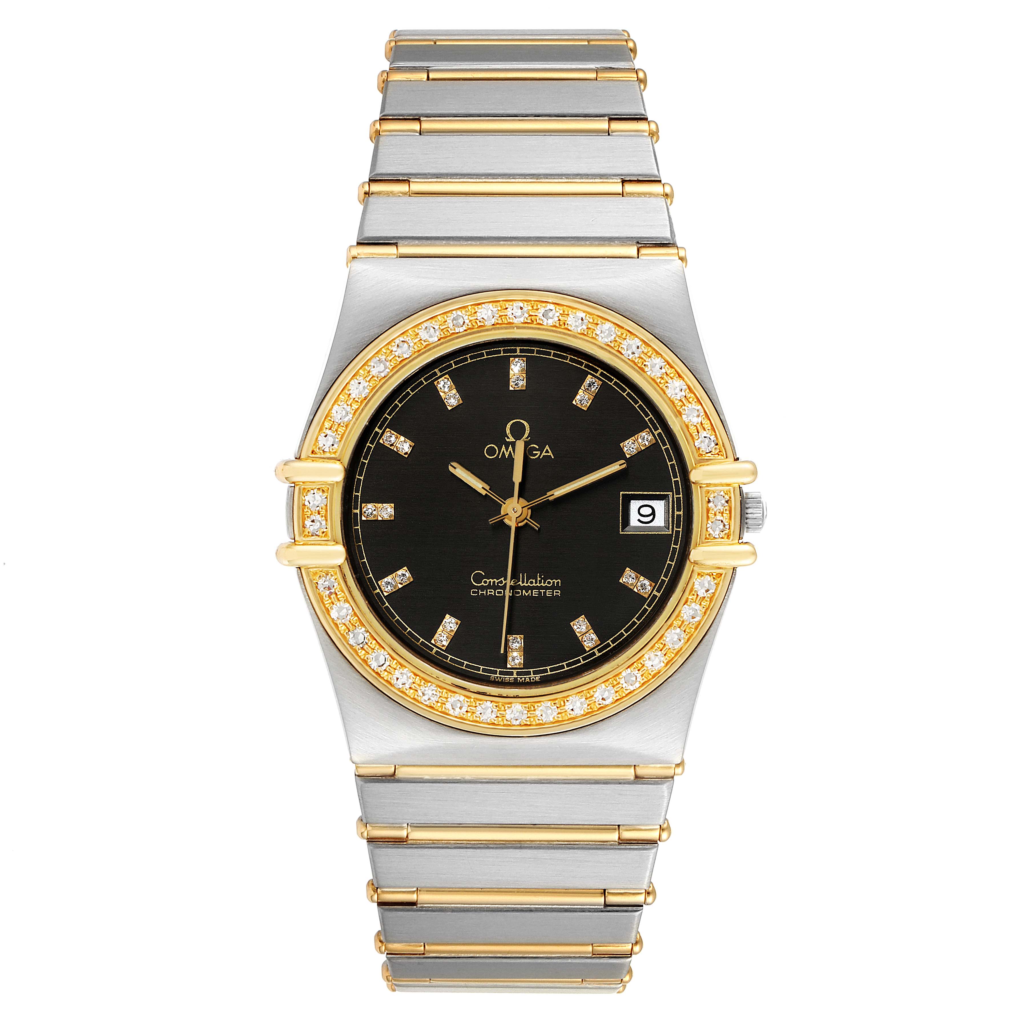 The image shows a frontal view of an Omega Constellation  Men's Steel and Gold (two tone) Black Dial  Men's Steel and Gold (two tone) Black Dial watch, highlighting the face, bezel, and bracelet.
