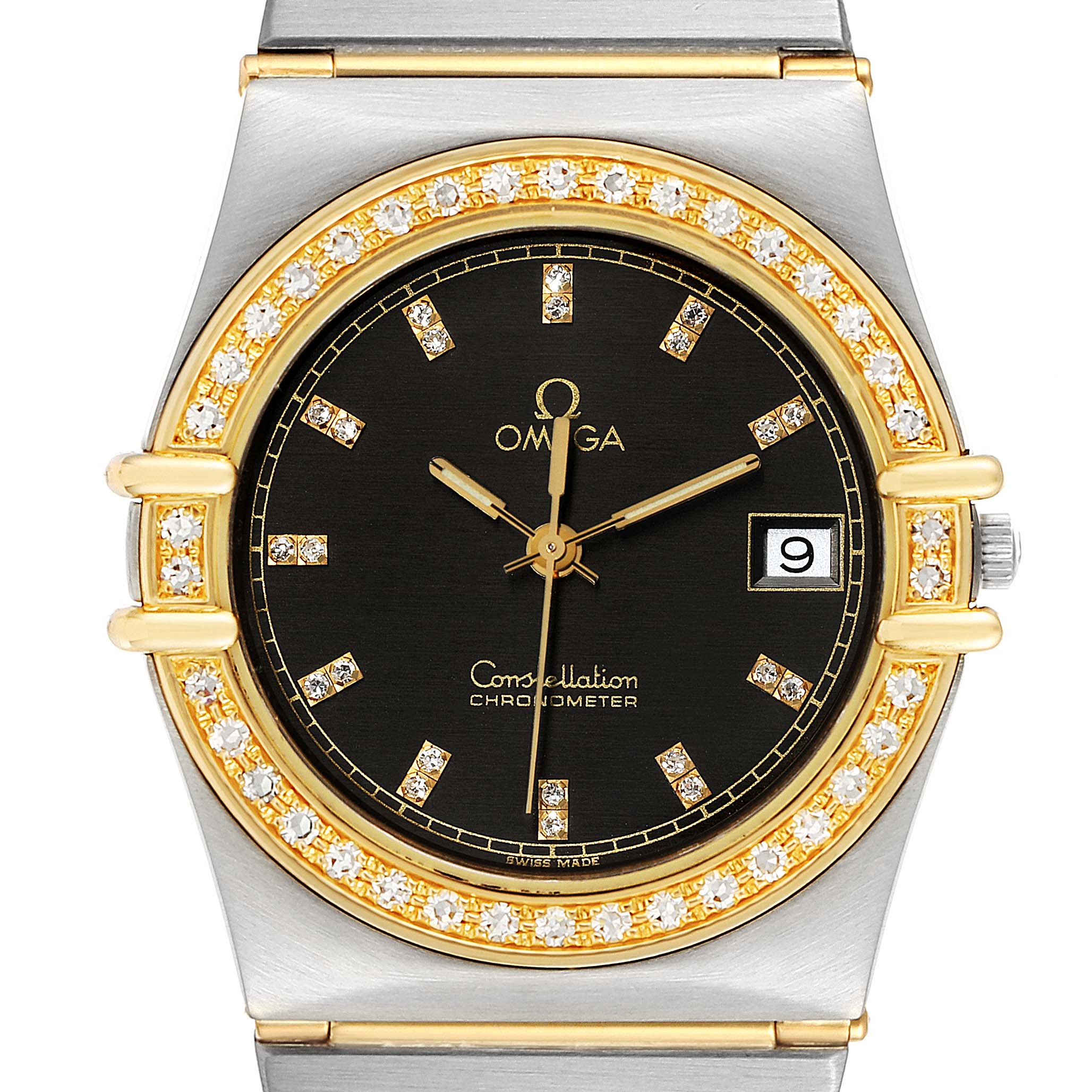 The image shows a front view of an Omega Constellation  Men's Steel and Gold (two tone) Black Dial  Men's Steel and Gold (two tone) Black Dial watch featuring a black dial, date window, and diamond-encrusted gold bezel.