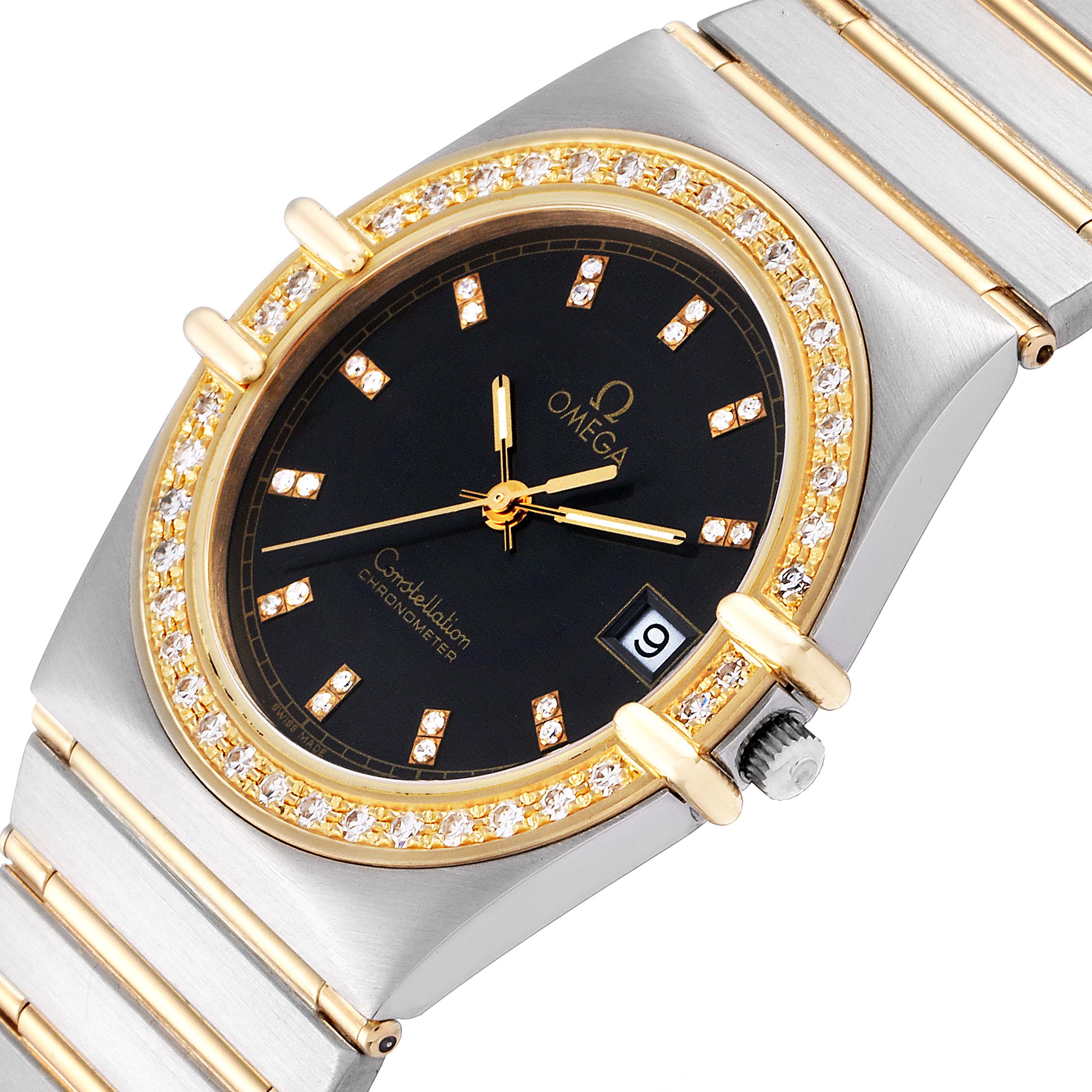 This image shows an Omega Constellation  Men's Steel and Gold (two tone) Black Dial  Men's Steel and Gold (two tone) Black Dial watch at an oblique angle, featuring its diamond-studded bezel, black dial, and date window.