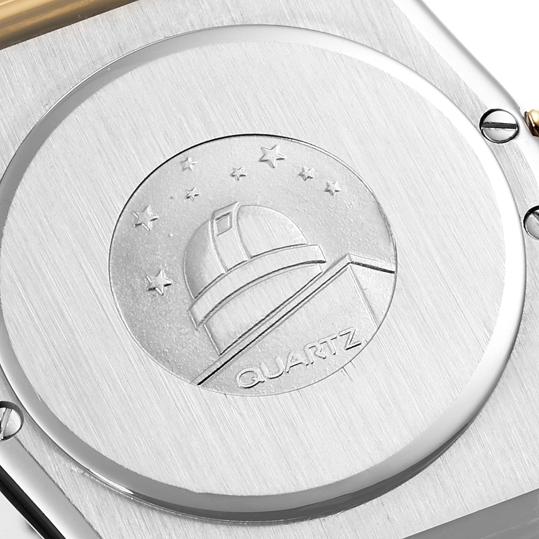 This image shows the case back of an Omega Constellation  Men's Steel and Gold (two tone) Black Dial  Men's Steel and Gold (two tone) Black Dial Quartz watch.