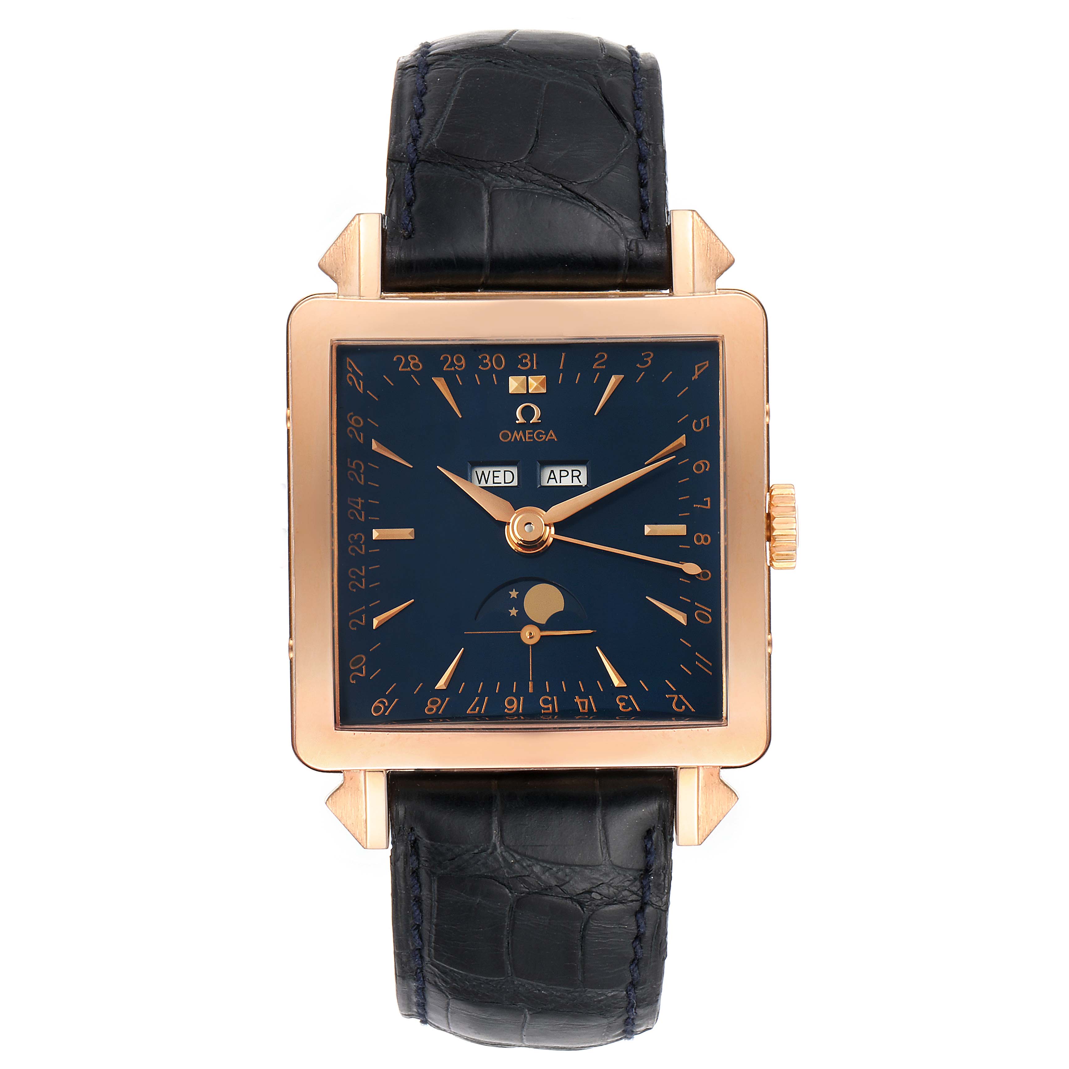 The Omega Museum 5701.80.03 Men's Rose Gold Blue Dial 5701.80.03 Men's Rose Gold Blue Dial model watch is shown from the front, displaying its square dial with calendar and moon phase features, and a black leather strap.