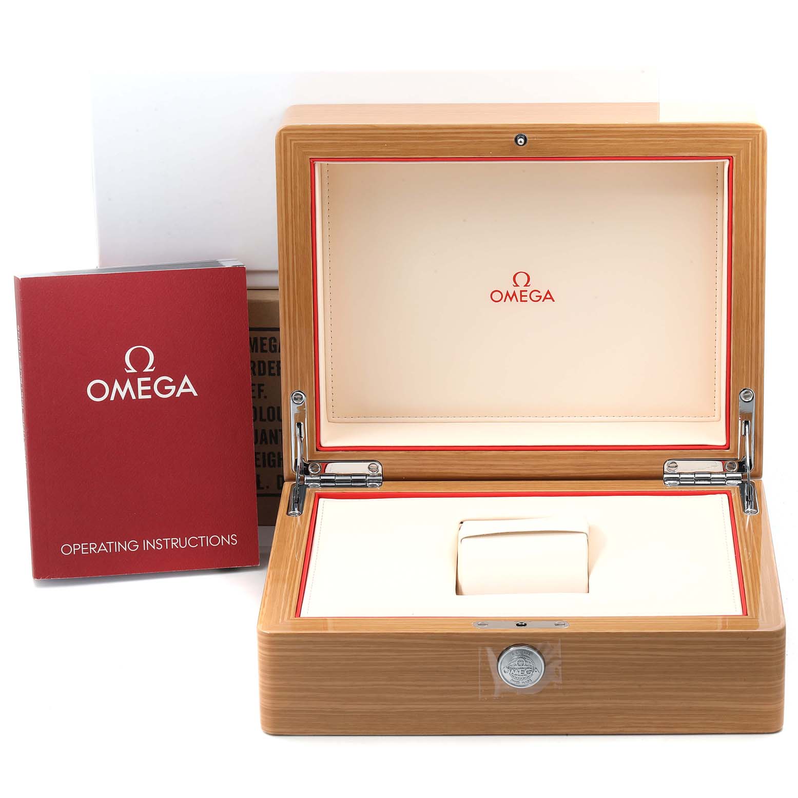 The image shows the open wooden box and operating instructions for the Omega Museum 5701.80.03 Men's Rose Gold Blue Dial 5701.80.03 Men's Rose Gold Blue Dial model watch.