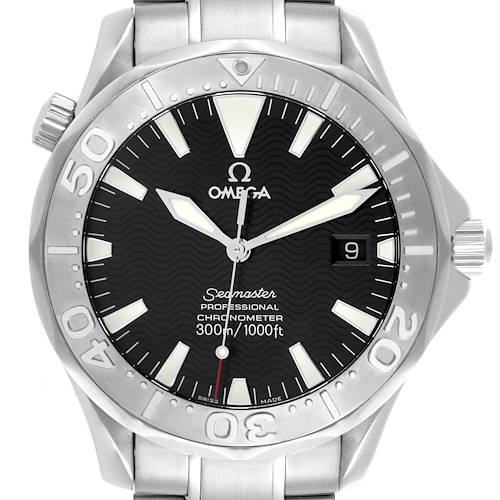 The Omega Seamaster is shown from the front, displaying the bezel, dial, hands, date window, and part of the bracelet.