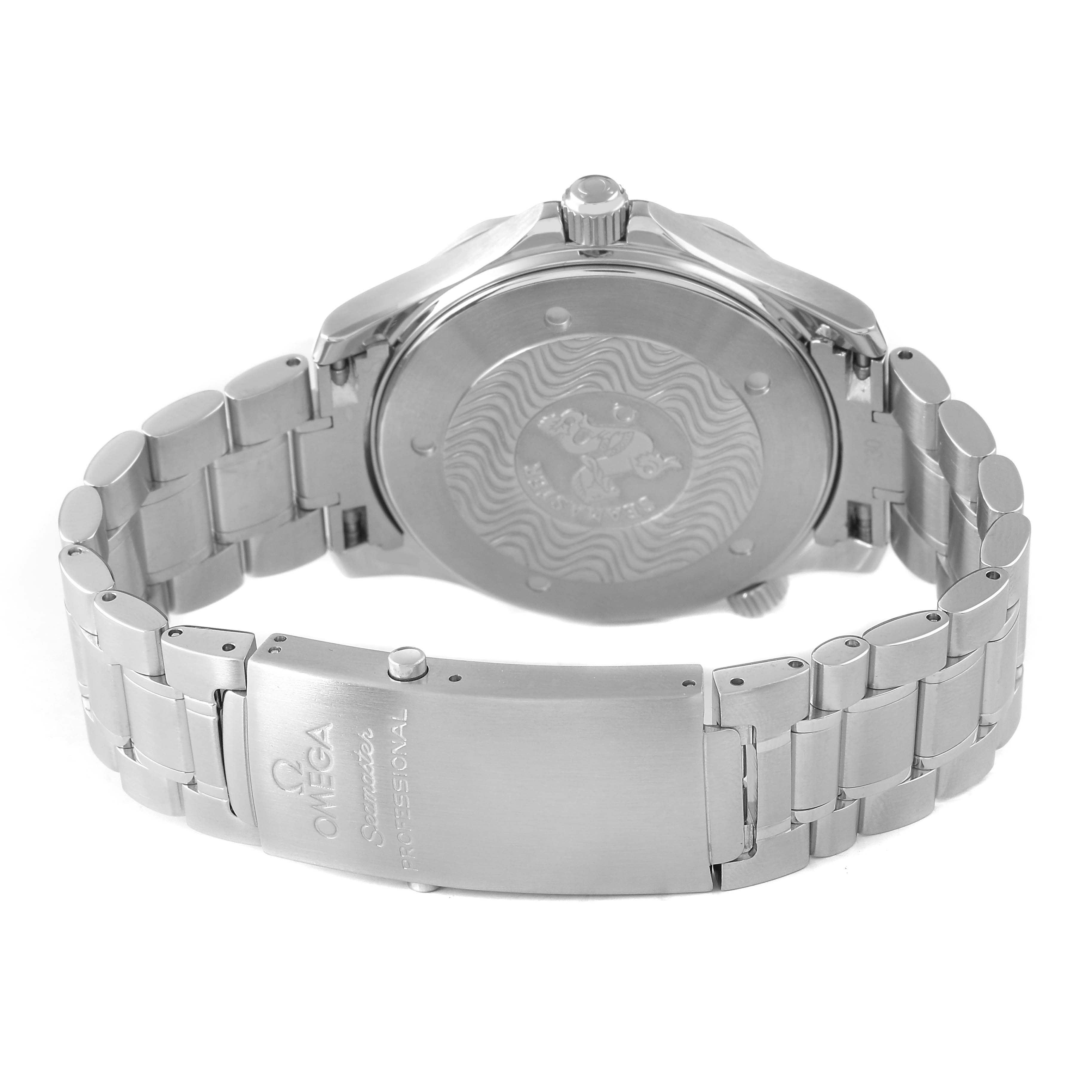 The image shows the back case and bracelet of the Omega Seamaster 2255.80.00 Men's Stainless Steel Blue Dial, highlighting the clasp and engraved back.