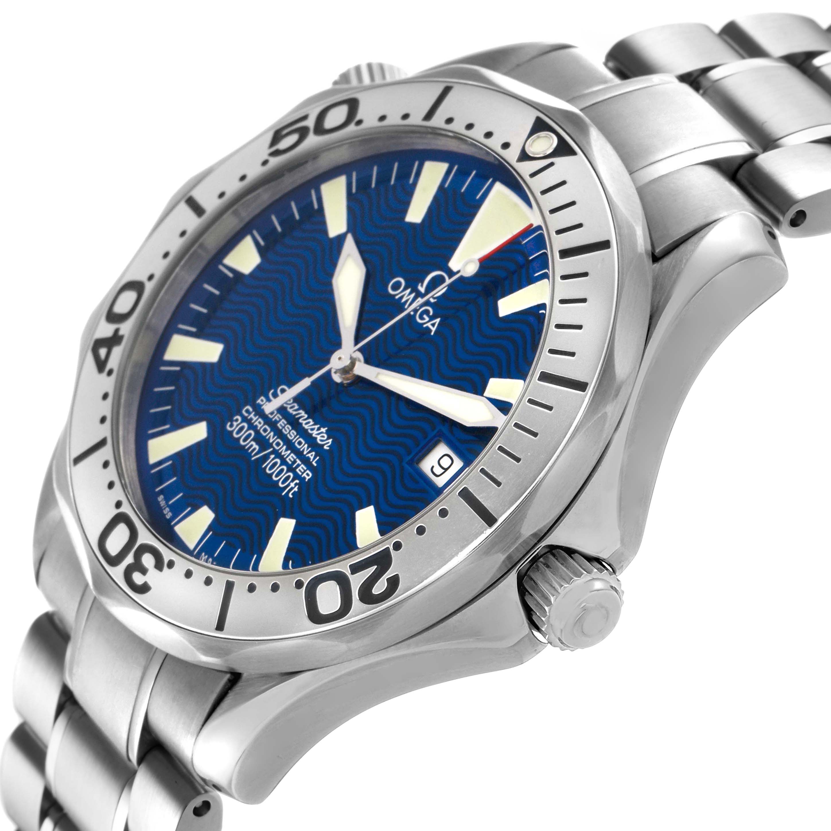 The Omega Seamaster 2255.80.00 Men's Stainless Steel Blue Dial watch is shown at a tilted angle, highlighting the face, bezel, crown, and bracelet.