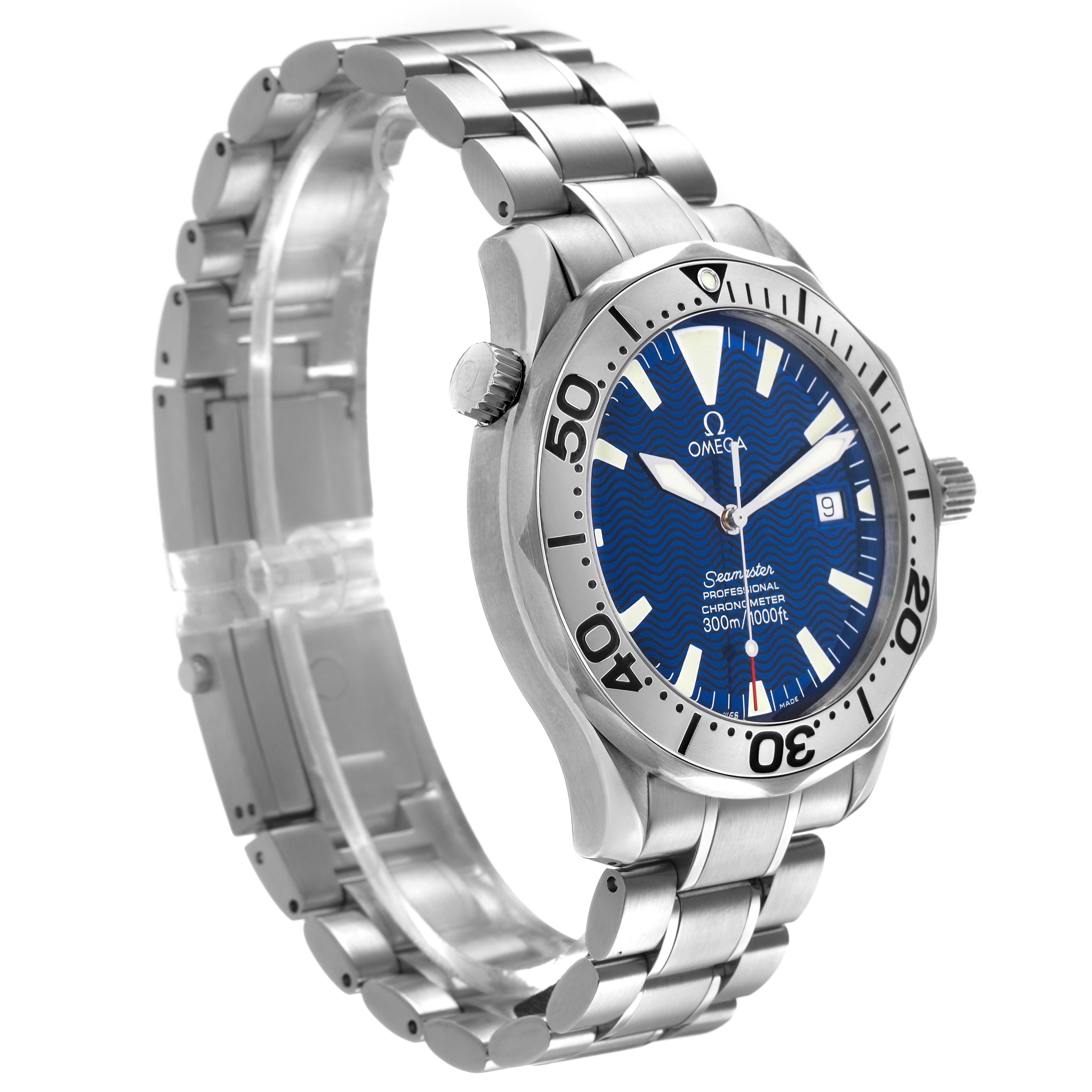 The Omega Seamaster 2255.80.00 Men's Stainless Steel Blue Dial watch is shown from a 3/4 angle, highlighting its face, bezel, and metal bracelet.