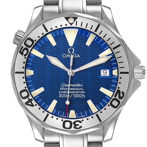The image shows a front view of the Omega Seamaster 2255.80.00 Men's Stainless Steel Blue Dial watch, highlighting the face, bezel, and part of the bracelet.