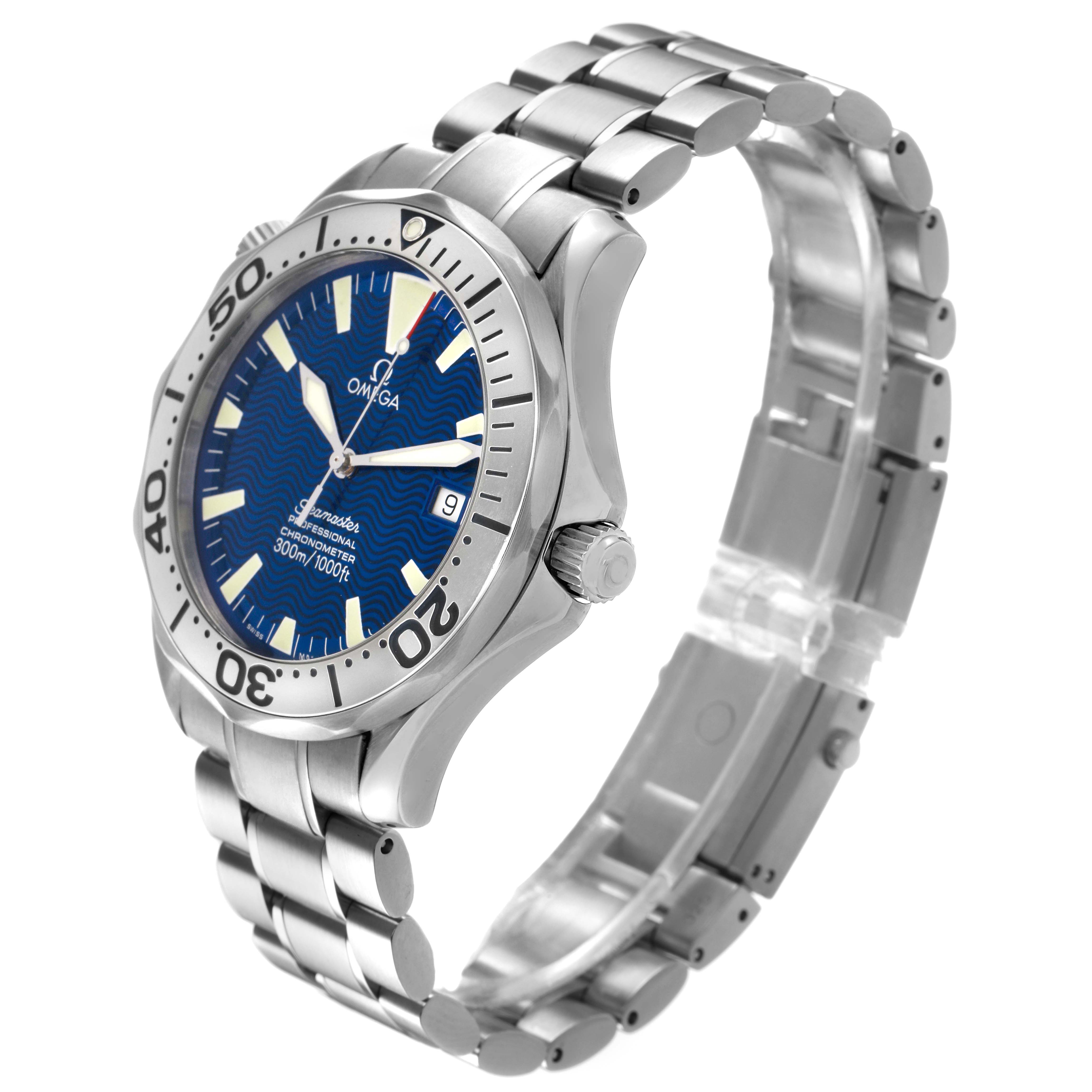 The Omega Seamaster 2255.80.00 Men's Stainless Steel Blue Dial watch is shown at a three-quarter angle, highlighting its bezel, dial, bracelet, and crown.