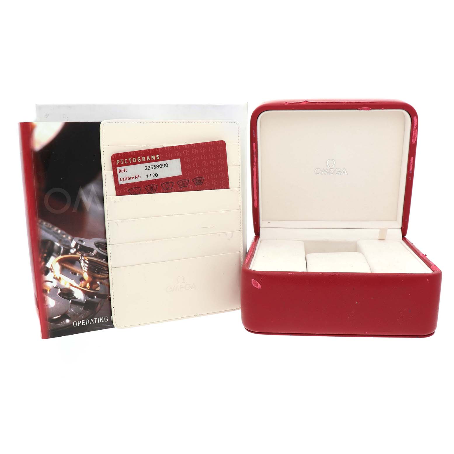The image shows an open Omega Seamaster 2255.80.00 Men's Stainless Steel Blue Dial watch box with a booklet and a red cardholder displaying a pictogram card.