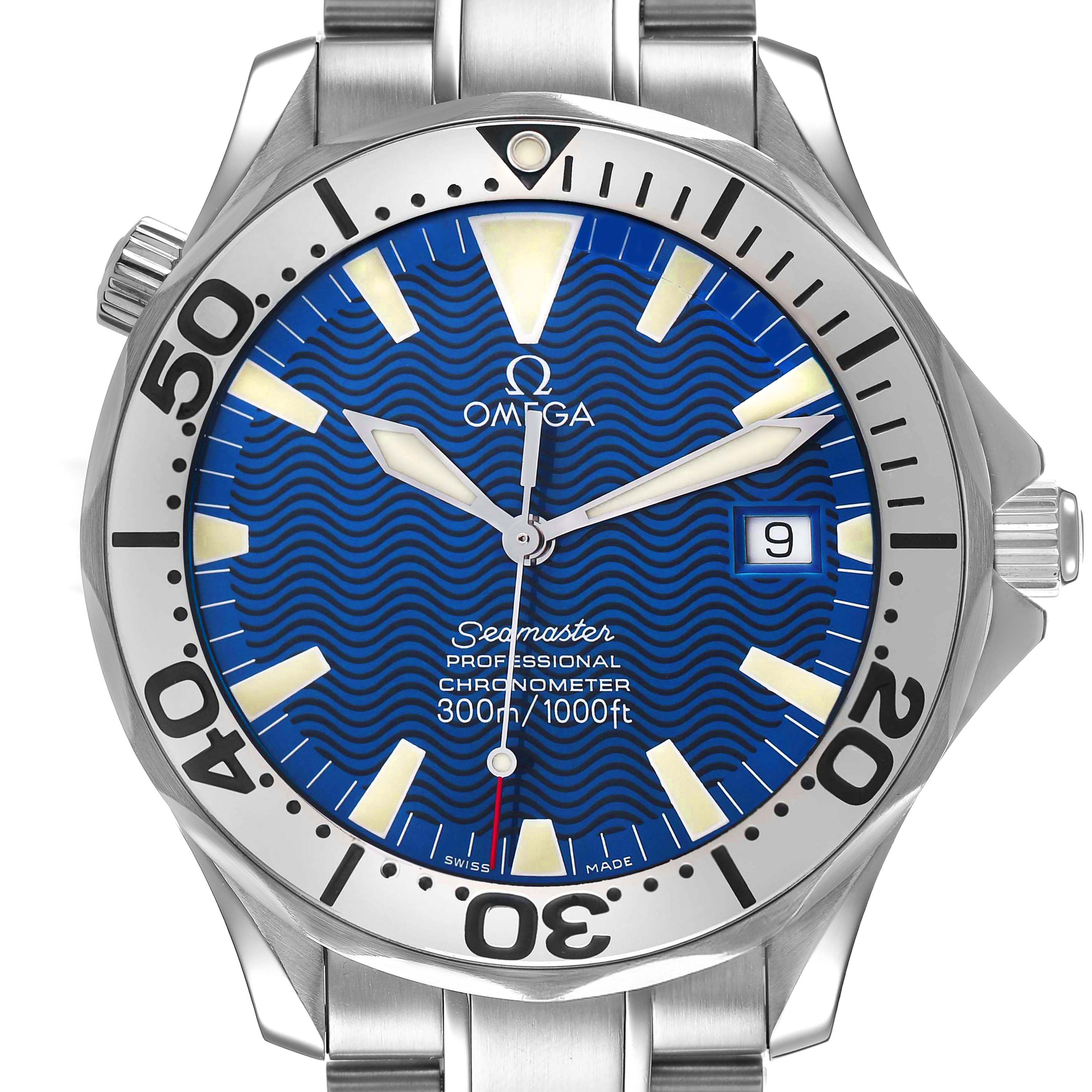 The Omega Seamaster 2255.80.00 Men's Stainless Steel Blue Dial watch is shown from the front, highlighting the dial, bezel, bracelet, and date window.